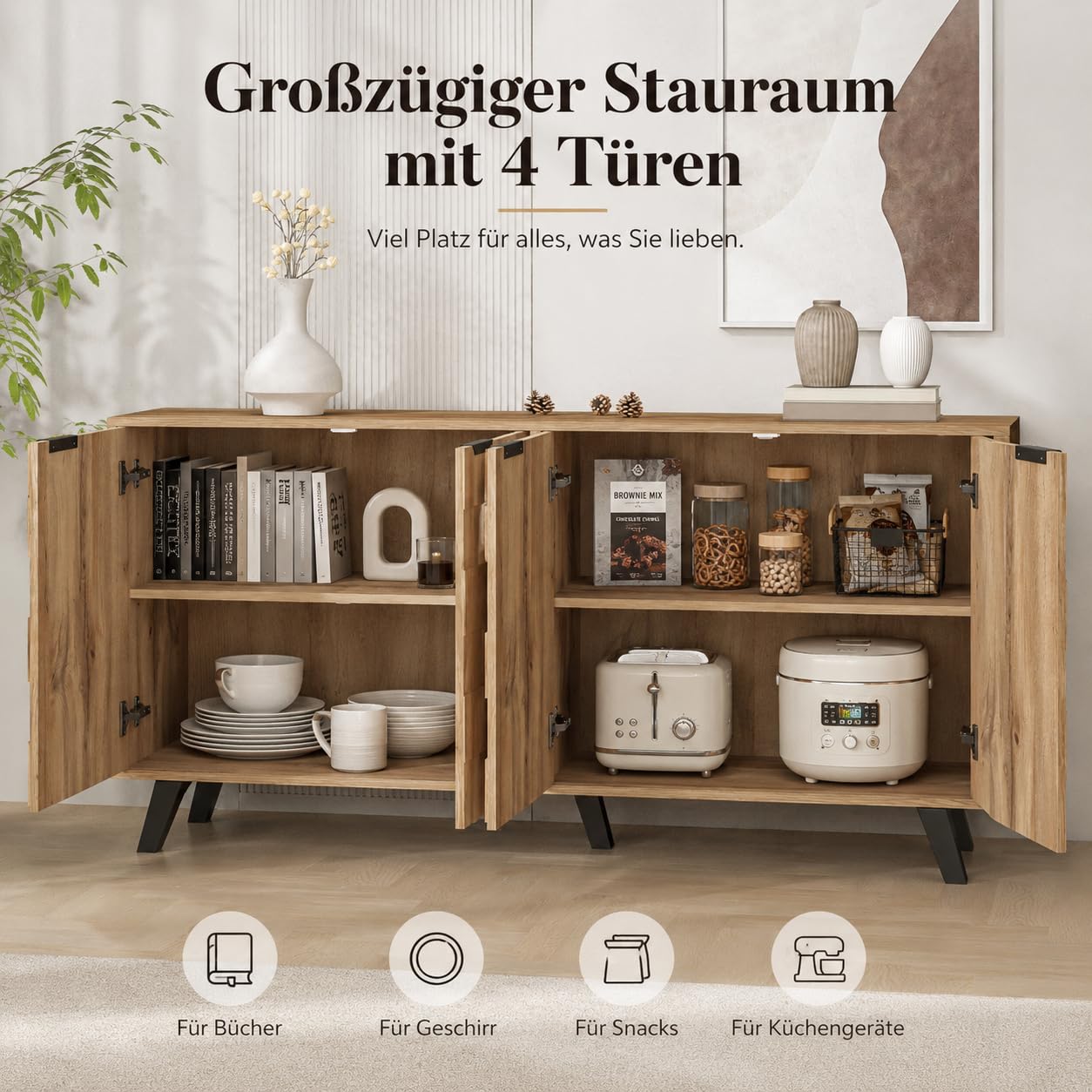 160 cm Aparadores para Salon con 2 Puertas, Aparador Cocina con Encimera, Armario de Almacenamiento para Salón Pasillo Cocina Sala, Color Natural, 160.5x35.5x78cm