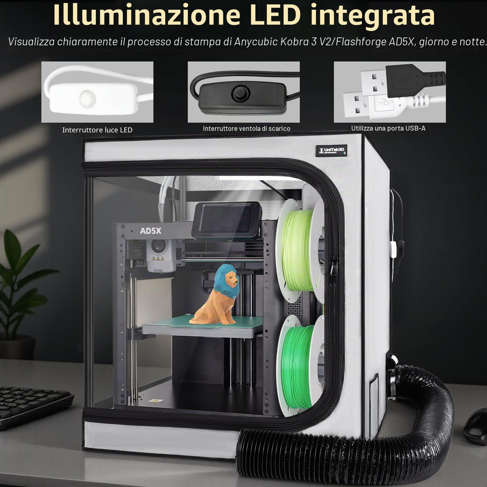 Aggiornamento Custodia per Stampante 3D con Kit Ventilazione Compatible with Anycubic Kobra 3/3 V2 Combo/Flashforge AD5X, Luce LED, Temperatura Costante Copertura per Stampante 3D-580 * 650 * 650mm