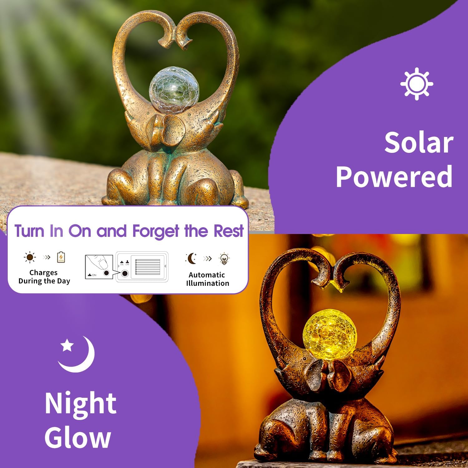 WHIMSYNOOK 7.9" Resin Elephant Garden Statue with Bronze Finish and Heart-Shaped Trunks & Solar LED Light – Outdoor Decor for Porch, Lawn, Yard for Mom and Elephant Lovers - Image 5