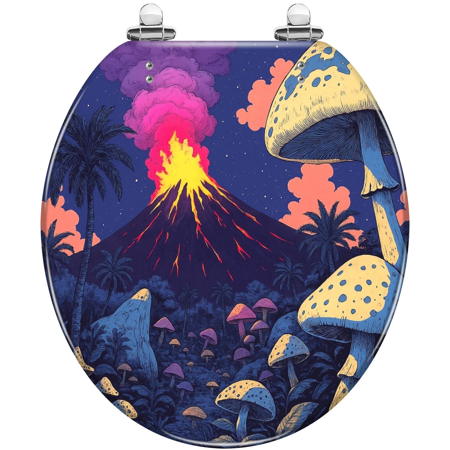 Psychedelic Toilet seat Cover Volcano Palms Quiet Easy Install Clean, Adjustable, Lightweight, Durable, Portable, User-Friendly, Compact, Giant, Mushrooms, Decorative, Round