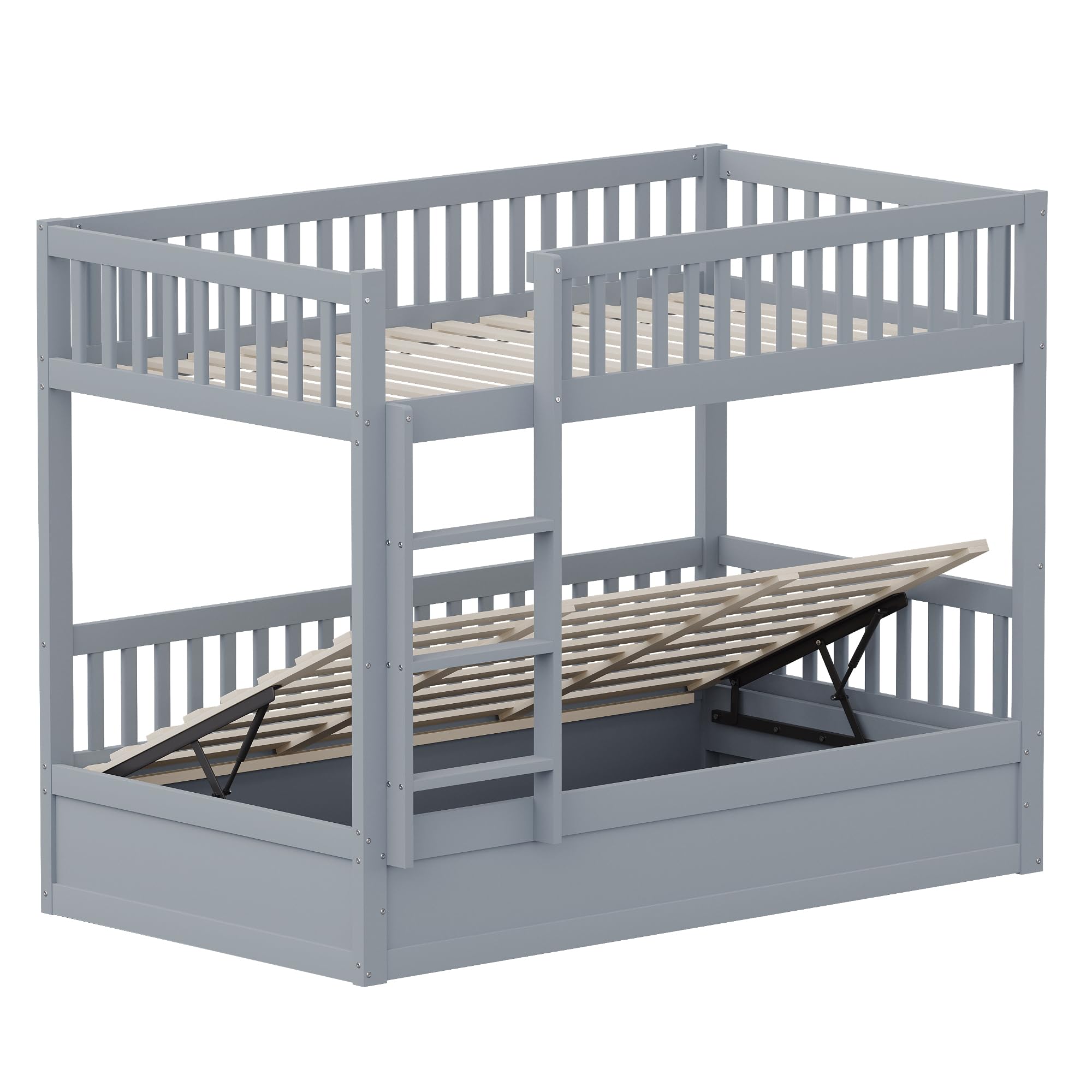Idemon Letto a castello per bambini 90 x 200, letto idraulico in legno massiccio, stabile e durevole, con vano portaoggetti, letto per ragazzi (grigio)