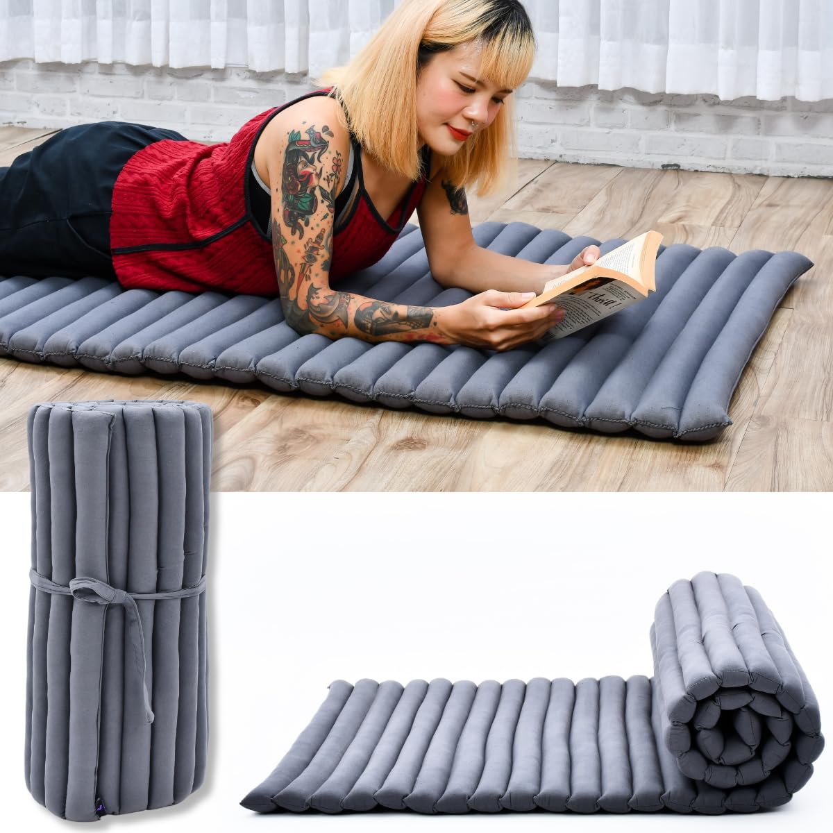 Leewadee - Foldable Floor Mattress - Japanese Roll Up Futon -Trifold Tatami Mat- Guest Floor Bed - Camping Mattress - Thai Massage Mat, Kapok Filled, 75 x 28 inches, Anthracite