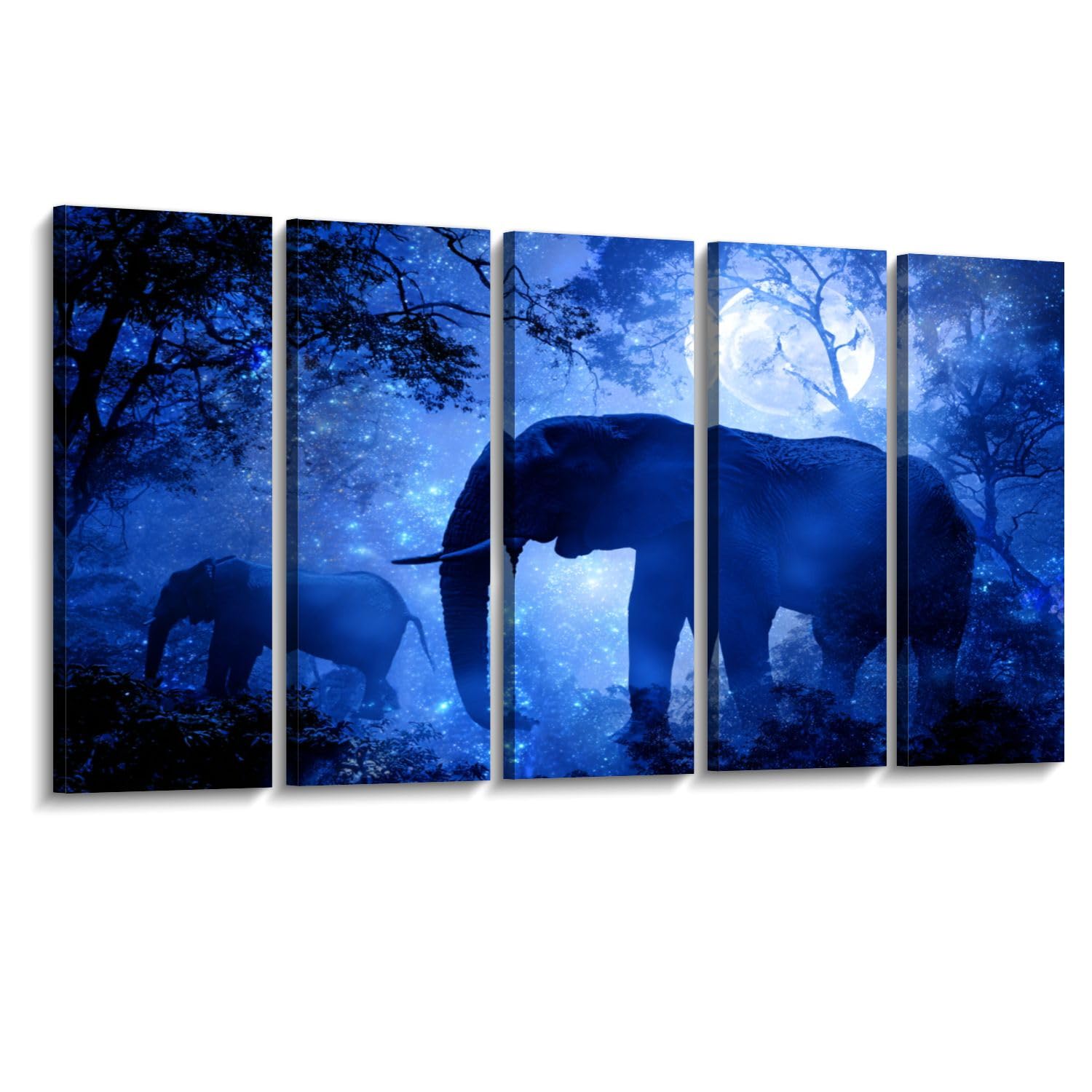 Weone Artwork 5 Panel Canvas Wall Art Elephant Moon Animal Elephants Night Sky Stars Trees Painting Fantasy Stretched & Framed Art Prints Modern Painting Wall Decoration Ready to Hang Unique Designed
