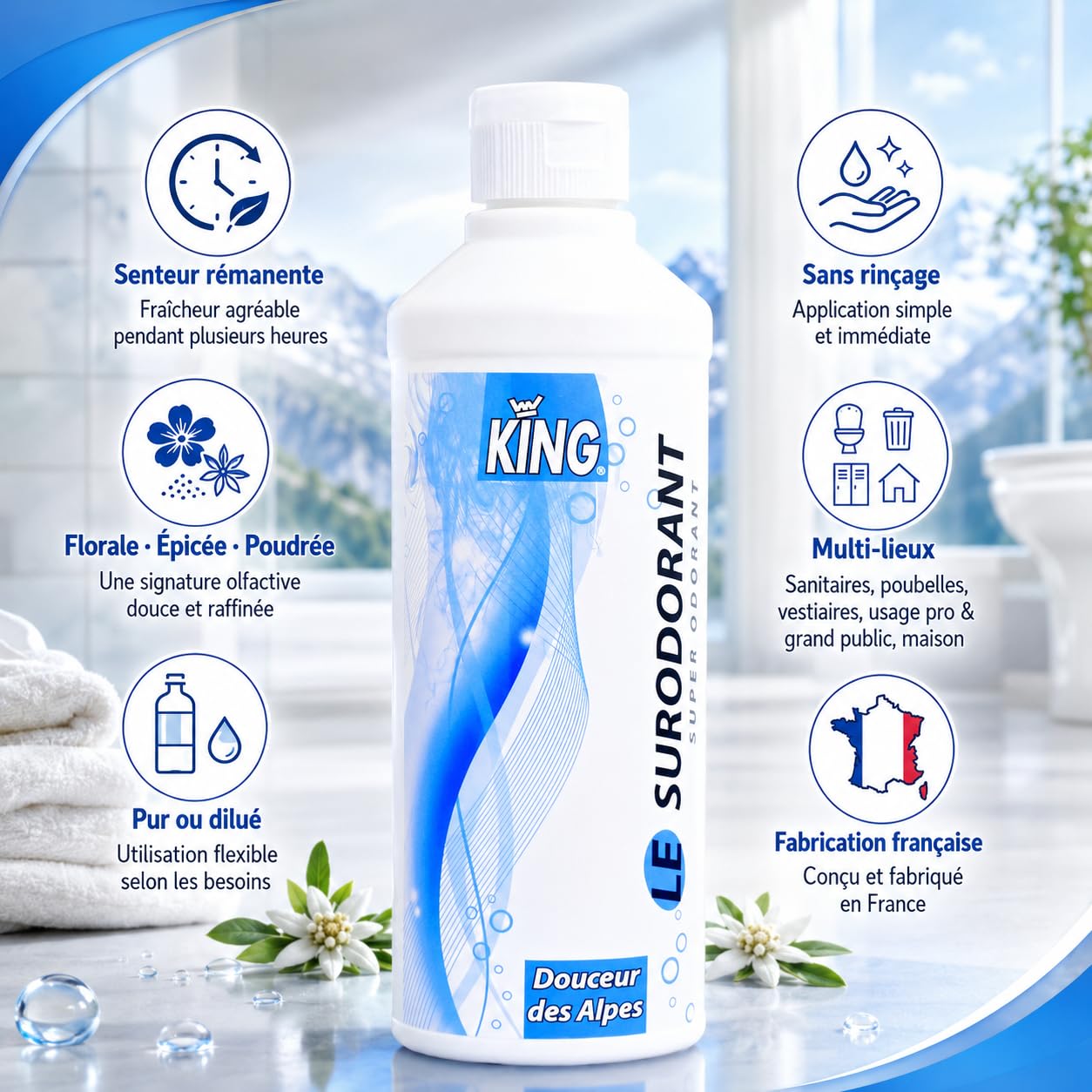 KING Surodorant Douceur des Alpes 500 Ml | Concentré – pur ou dilué – sans rinçage – odeur rémanente plusieurs heures – WC sanitaires poubelles espaces collectifs