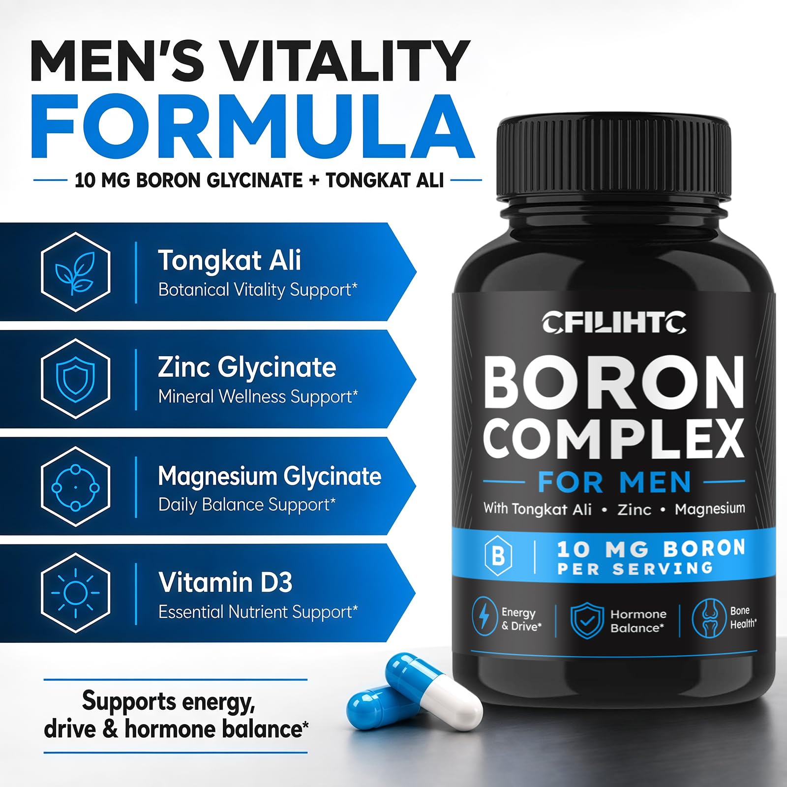Boron Supplement for Men 10mg with Tongkat Ali, Boron Glycinate, 60 Count — Amazon image 3