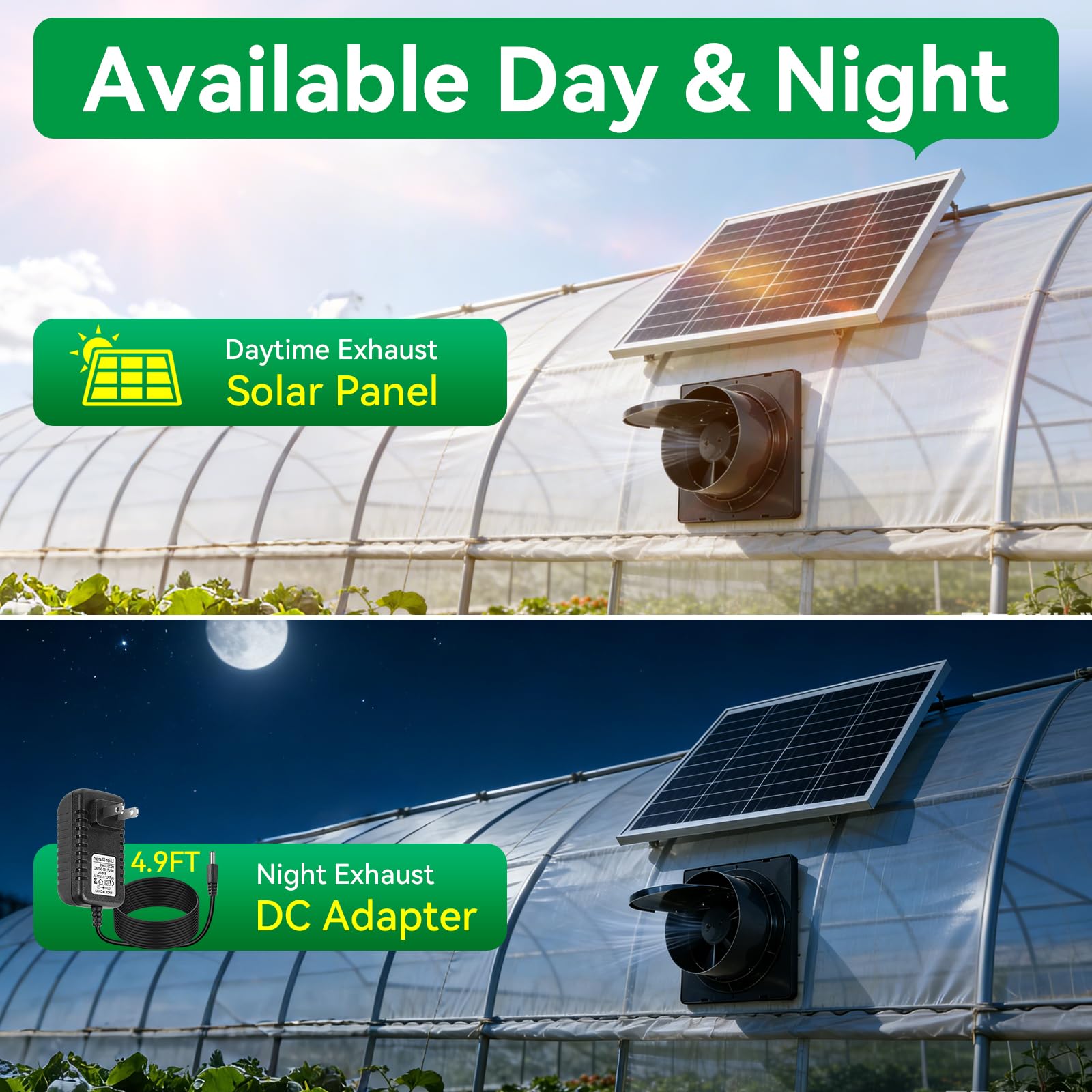 Solar Exhaust Fan 2-in-1 with DC Adapter,Large Solar Panel 3000 RPM High Speed Ventilation Fan,Waterproof with Auto Shutter for Continuous Airflow for Shed,Chicken Coop,Greenhouse,Dog House - 4