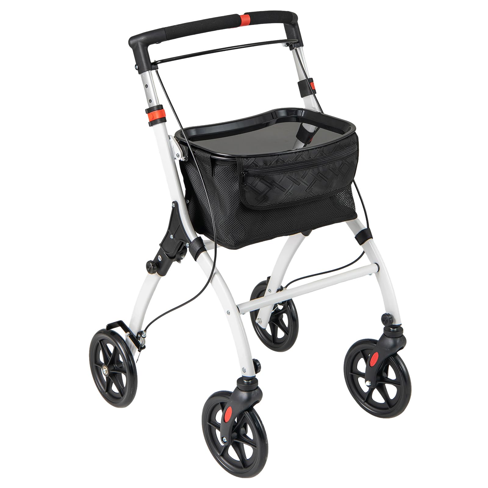 GYMAX Deambulatore Stretto per Casa, con Vassoio e Borsa, 4 Ruote, Rollatore Pieghevole Leggero in Alluminio, Girello Regolabile in Altezza per Anziani, Deambulazione, 72 × 53 × 96-103 cm