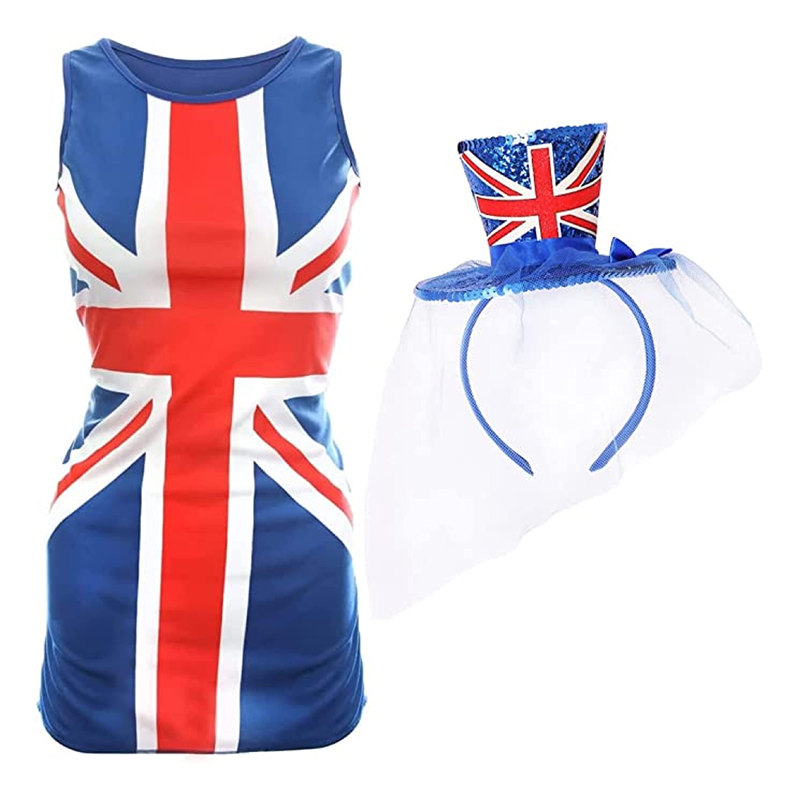 Ladies Union Jack Dress and Mini Top Hat Ladies Union Jack Dress with  Fascinator Hat VE Day, Kings Coronation, Britain Fancy Dress