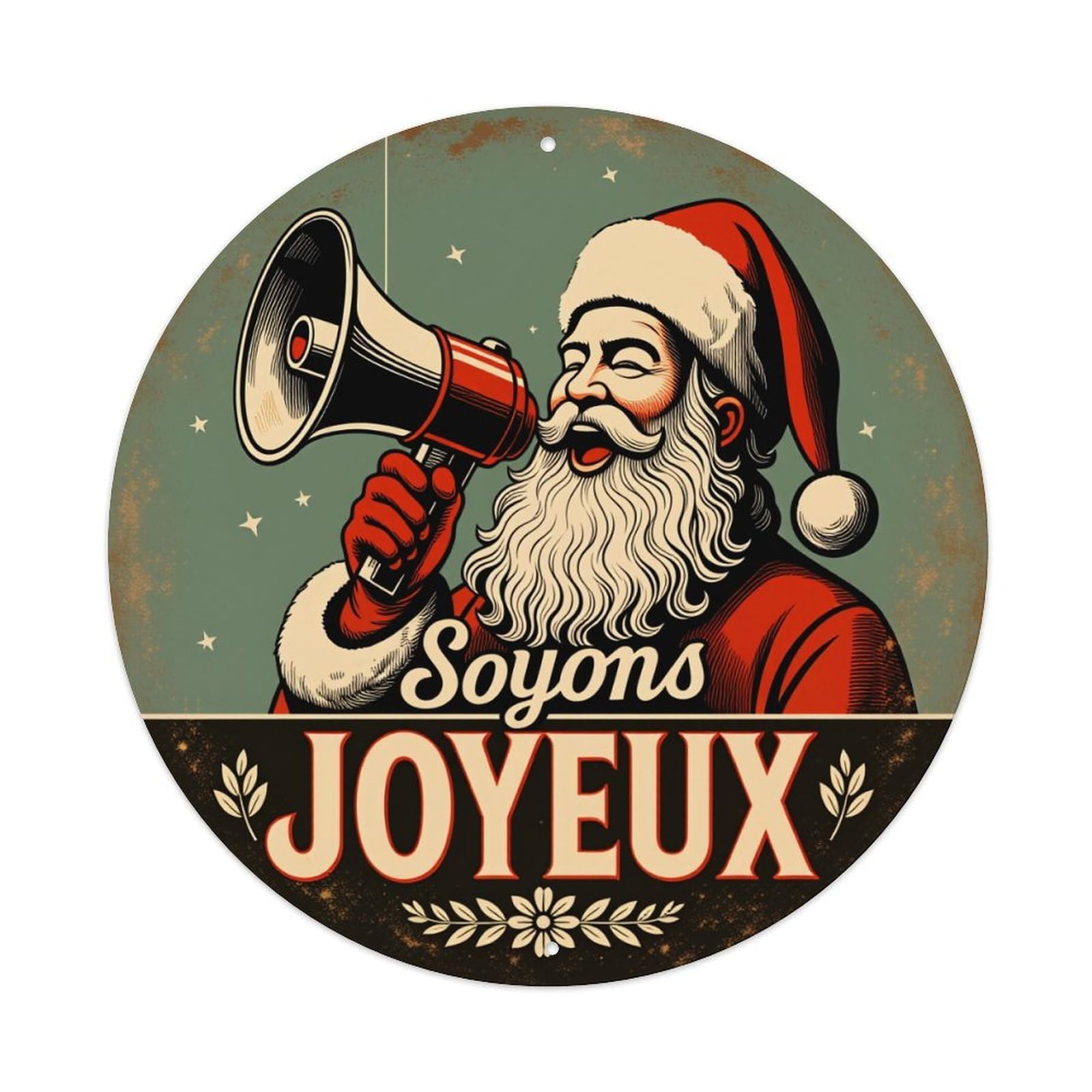 Santa Holding Megaphone Christmas Joy Round Tin Sign Vintage Metal Poster Retro Bar, Home, Man Cave, Kitchen, Laundry Room Wall Art Decor Gift 8x8In