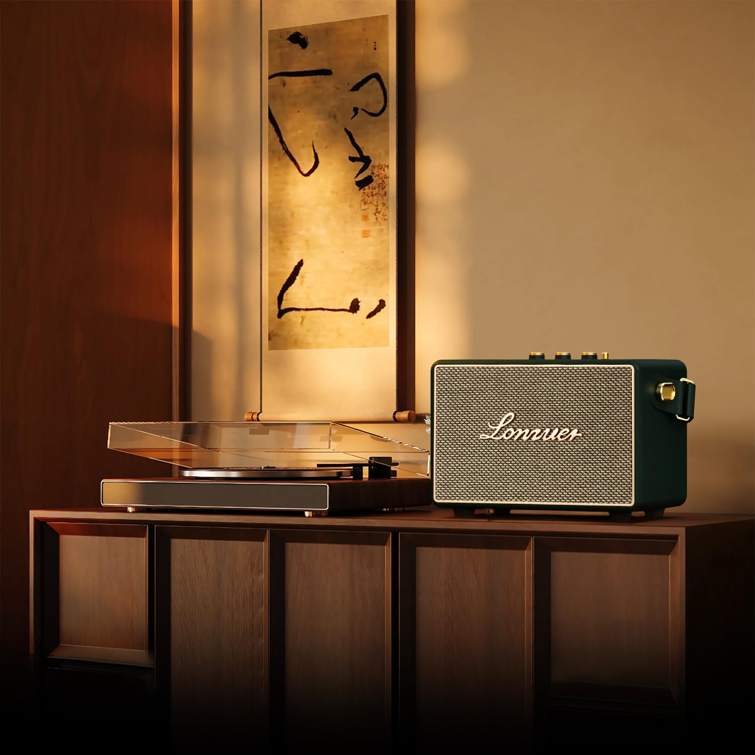 Altoparlante Bluetooth vintage da 80 W, in legno, Bluetooth 5.3, portatile, con cinturino in pelle, batteria da 10 ore, TWS, AUX/USB/SD per PC, senza fili, per interni/esterni (verde)