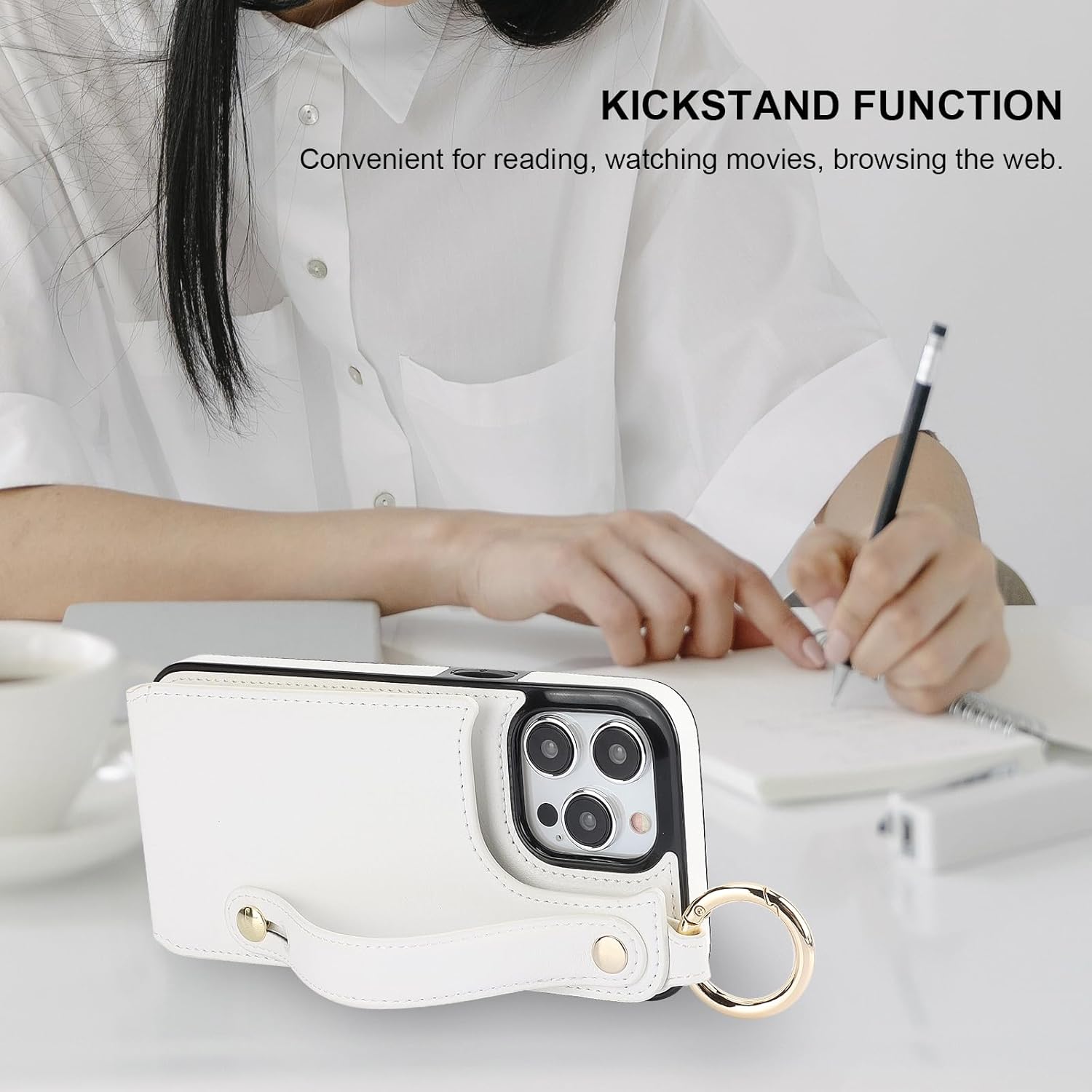 Folosu for iPhone 15 Pro Max Wallet Case with Card Holder, Hand Wrist Strap Loop Holder Kickstand, RFID Blocking Finger Grip Ring PU Leather Double Buttons Shockproof Cover 6.7" White