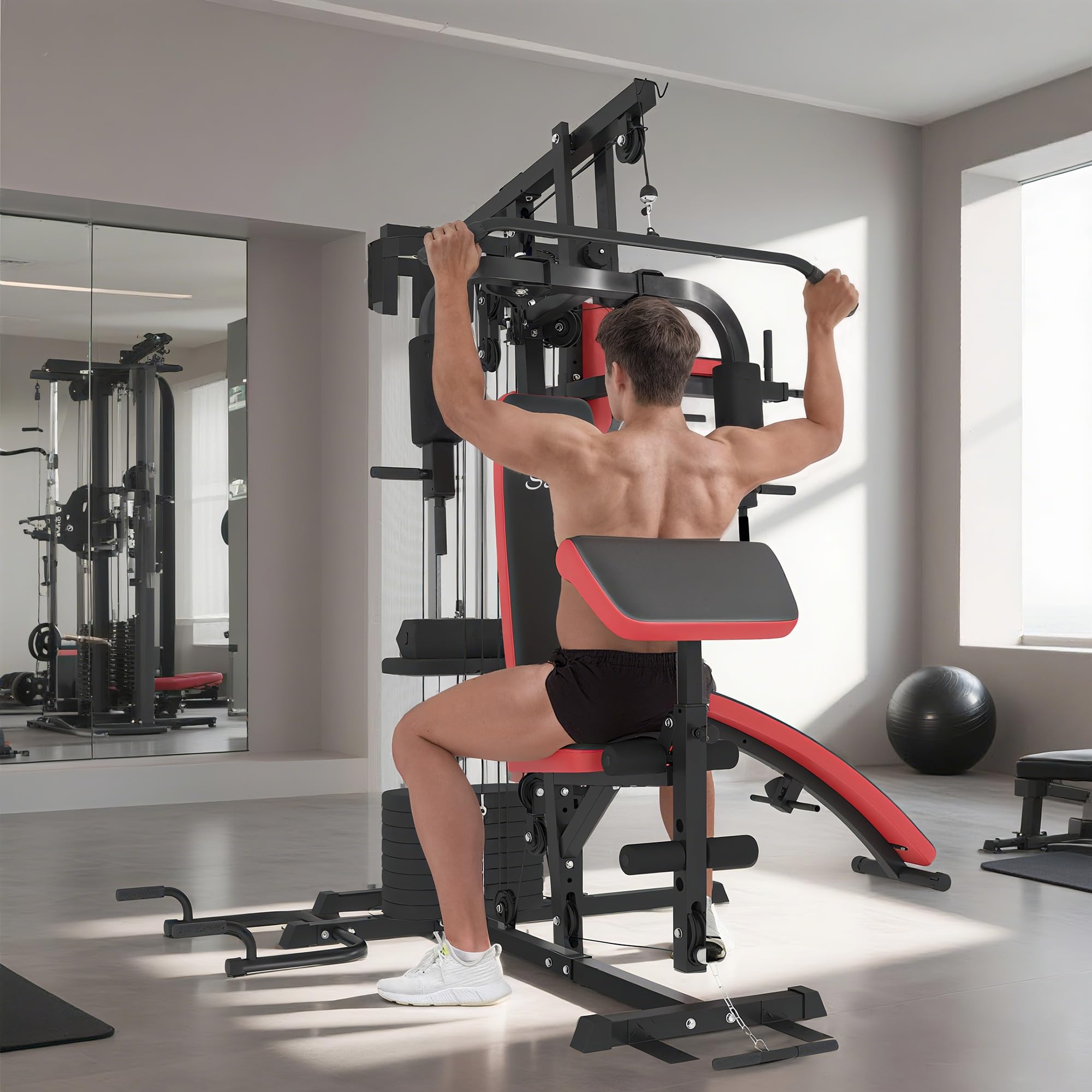 SPORTNOW Máquina Multiestación Musculación para Casa Ajustable Multiestación de Musculación con Placas de Peso 45 kg para Fitness Entrenamiento en Gimnasio Hogar 225x175x200 cm Negro