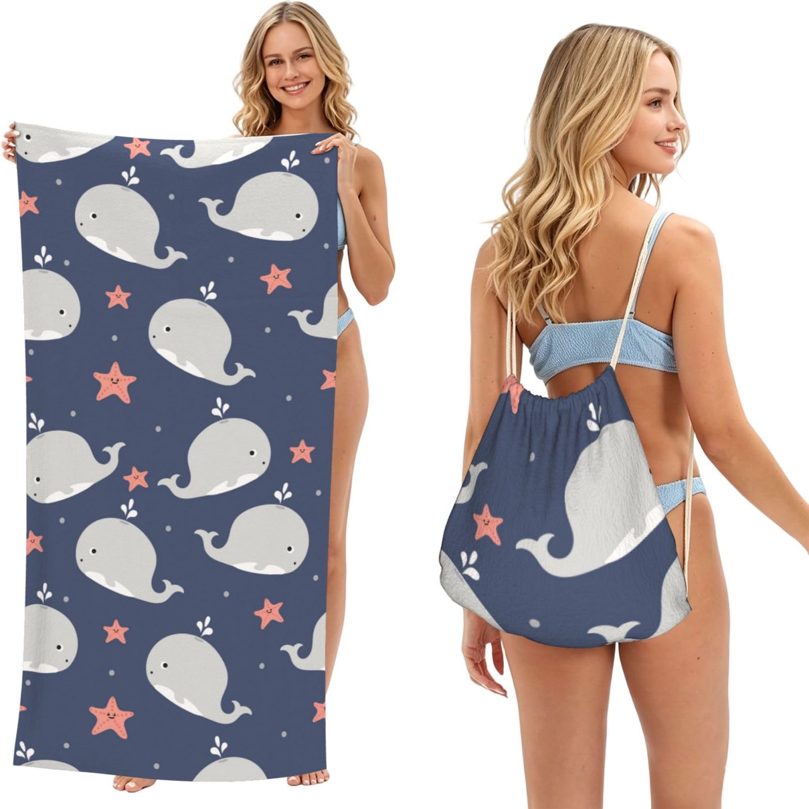 Poadnly As Picture Cartoon Whale Print, 2 In 1 Packable Towel Bag, Beach Towels With Drawstring Backpack For Travel Holiday Camping
