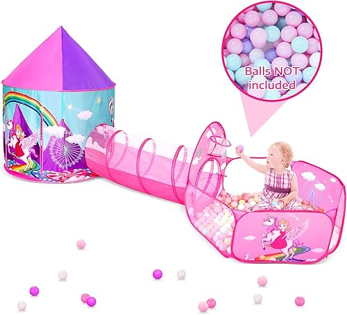 Vista 15 de PigPigPen Tienda de campaña de 3 piezas para niñas con hoyo de bolas, túnel de gateo, carpas de princesa para niños pequeños, juguetes de casa