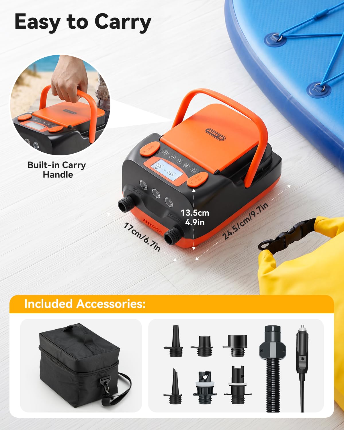 Dr.meter 6000mah Pompe à Air électrique pour Stand up Paddle, 12V DC Haute Pression avec 2 Ports USB 3 Lumières LED et 6 Buses pour gonflables Stand Up Paddle, Matelas,Bateaux,Tente