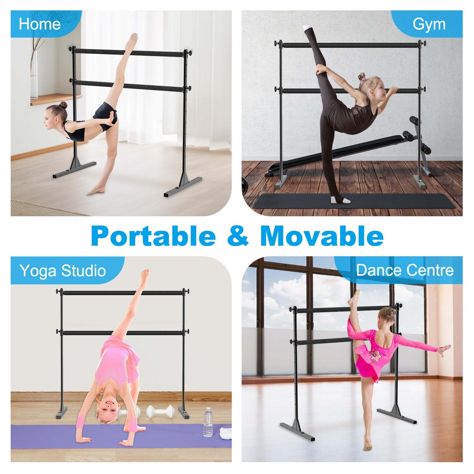BeneLabel Sbarra da Balletto Autoportante, 10 Altezze Regolabili Sbarra da Balletto Bambini Ragazze Portatile Sbarra da Danza Adulti Casa Mobile da Pavimento Fitness Yoga Sbarra per Stretching