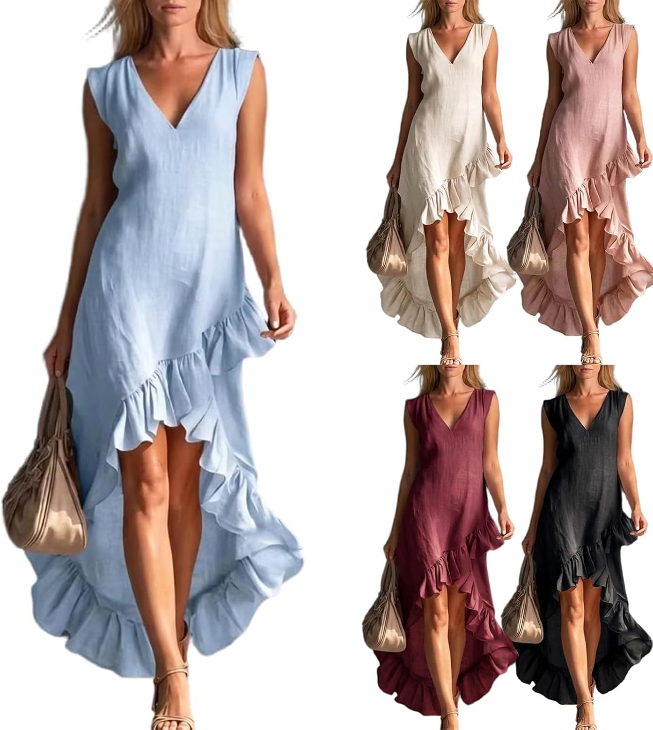 Cotton Linen Dresses for Women 2026 V Neck Sleeveless High Low Ruffle Hem Summer Beach Sundress Casual Flowy Dress