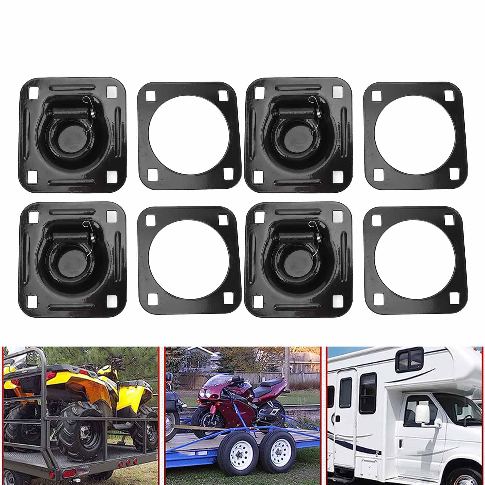 KUIDAMOS Anclajes Seguros para Remolques, Acero Al Carbono, Juego de 4 Anillos en D de 1/2 Pulgada para Deportes Al Aire Libre, Anillos en D de Capacidad de 6000 Libras con Placas de Respaldo para
