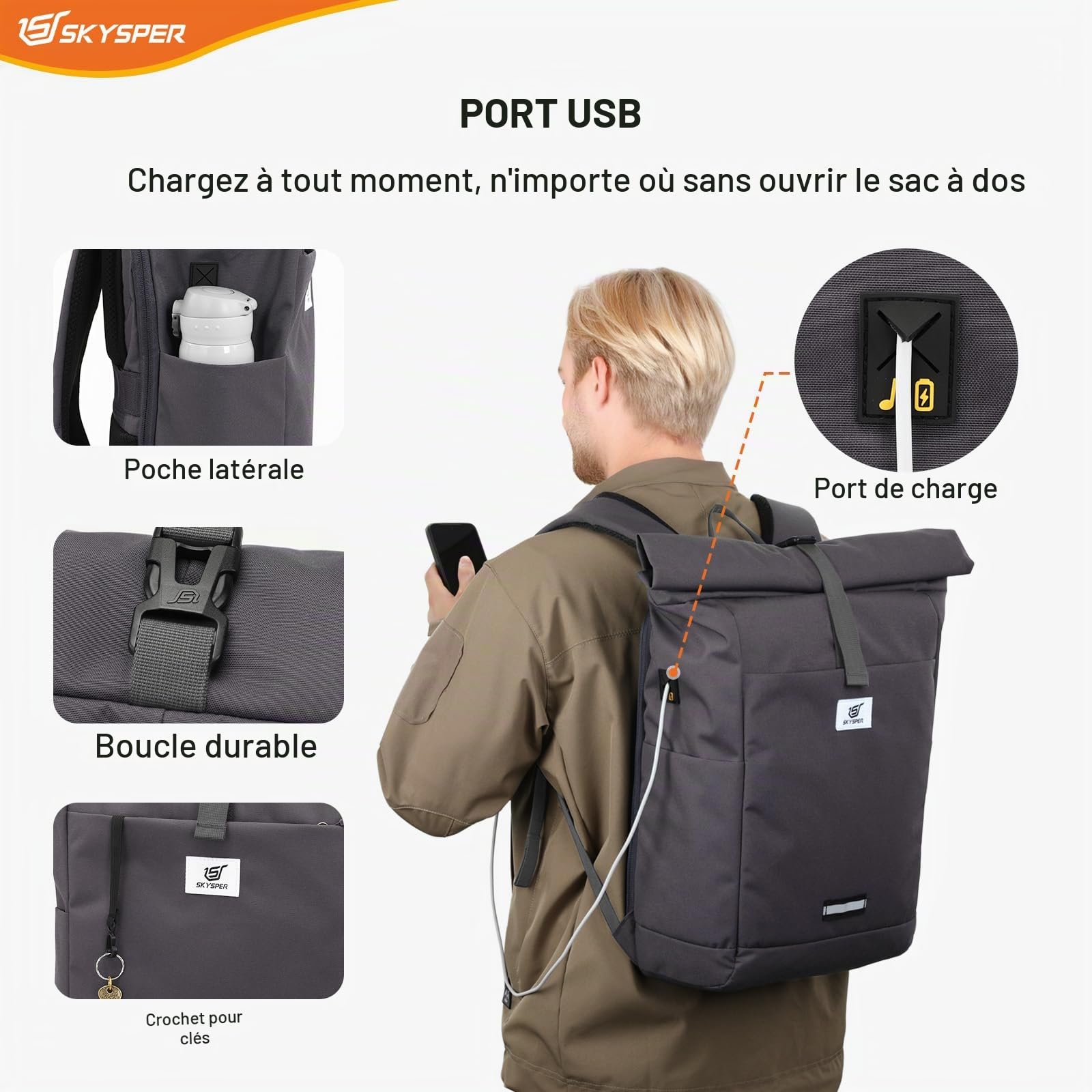 SKYSPER Sac à Dos Homme Extensible Sacs a dos Rolltop pour Voyage Vélo Travail College pour Adolescents Hommes Femmes