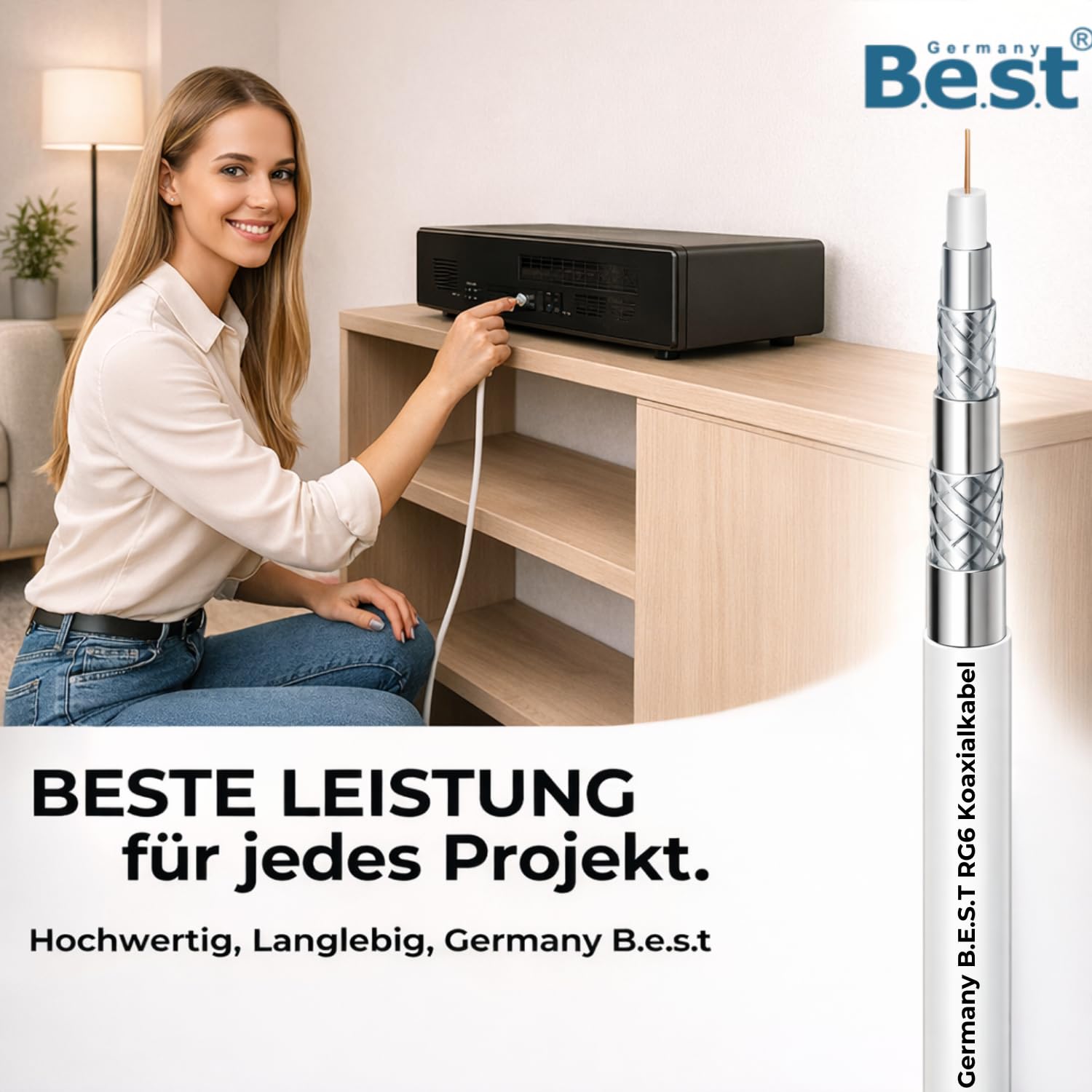 Germany B.e.s.t Cavo coassiale da 50 m | 4K Ultra HD | Classe A+ | Impianti DVB-S/S2 DVB-C DVB-T BK | 5 schermati | 135 dB | Cavo antenna | Cavo coassiale | 10 connettori F