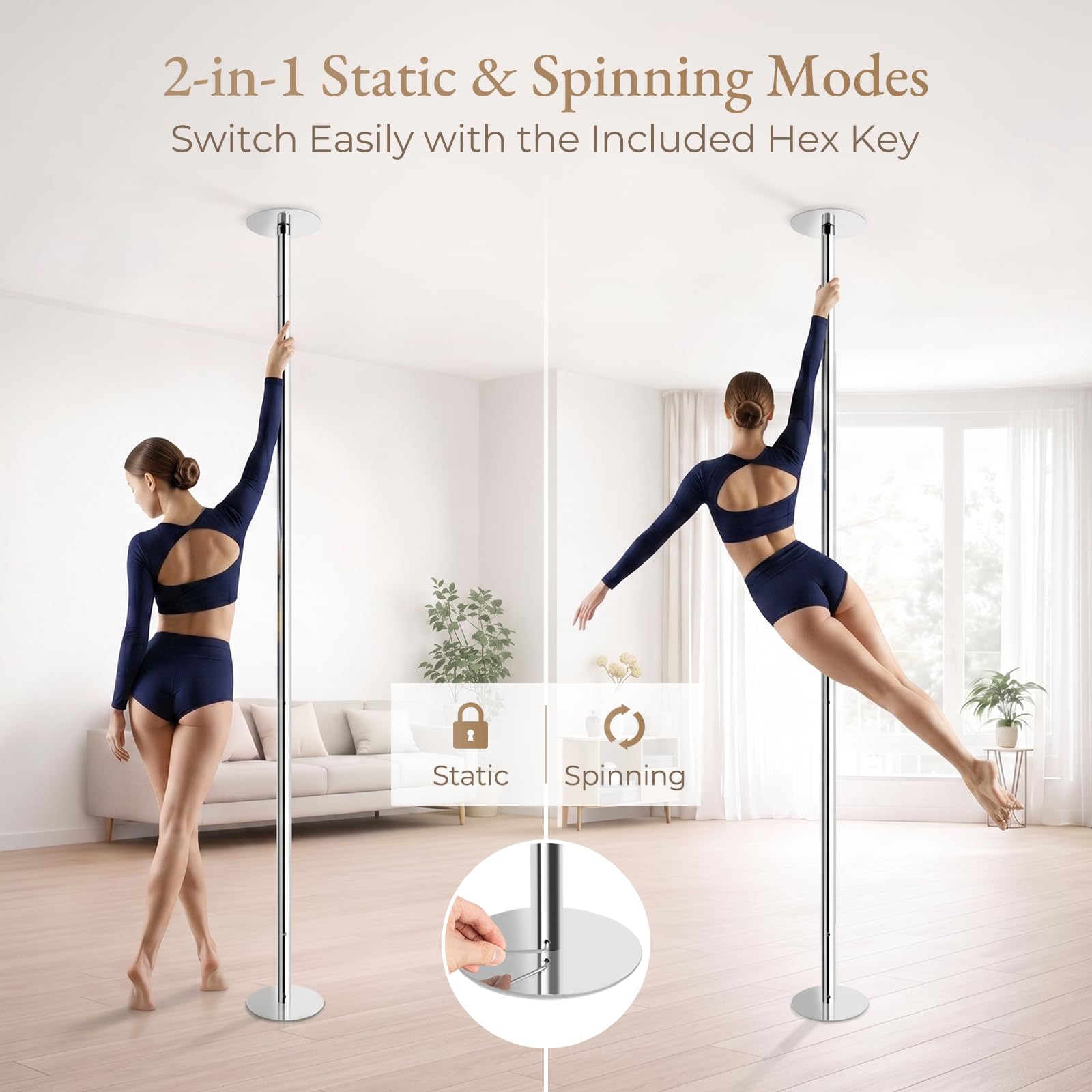 Leogreen Barre de Pole Dance 45 mm Barre de Pôle Dance Professionnelle | Hauteur Réglable, Statique et Rotative, Charge maximale 200 Kg, pour Danse Exercise Fitness