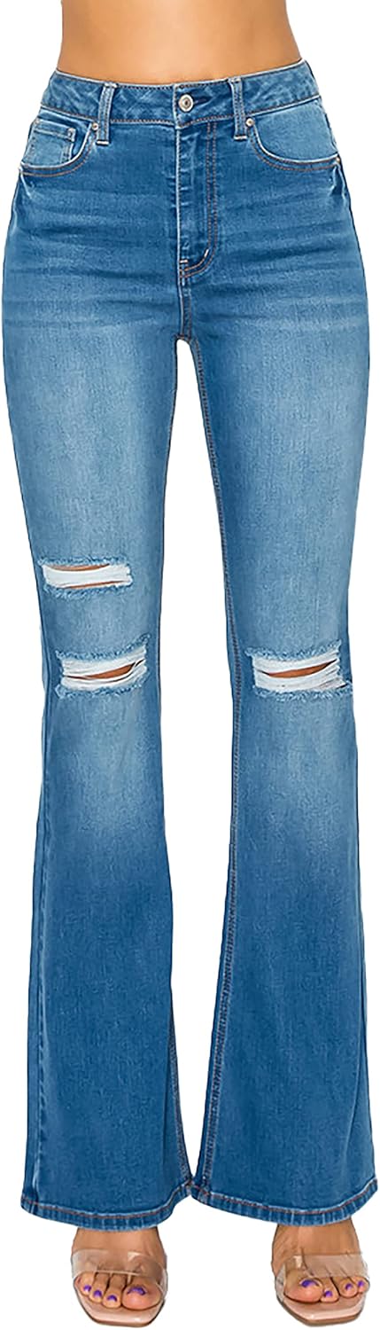 WAX JEAN Women's Destructed Flare Jeans in Sustainable Denim