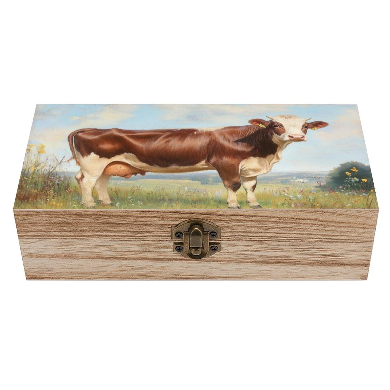 Ahdyr Brown Cow Wooden Storage Box with Hinged Lid And Front Clasp Large Keepsake Box