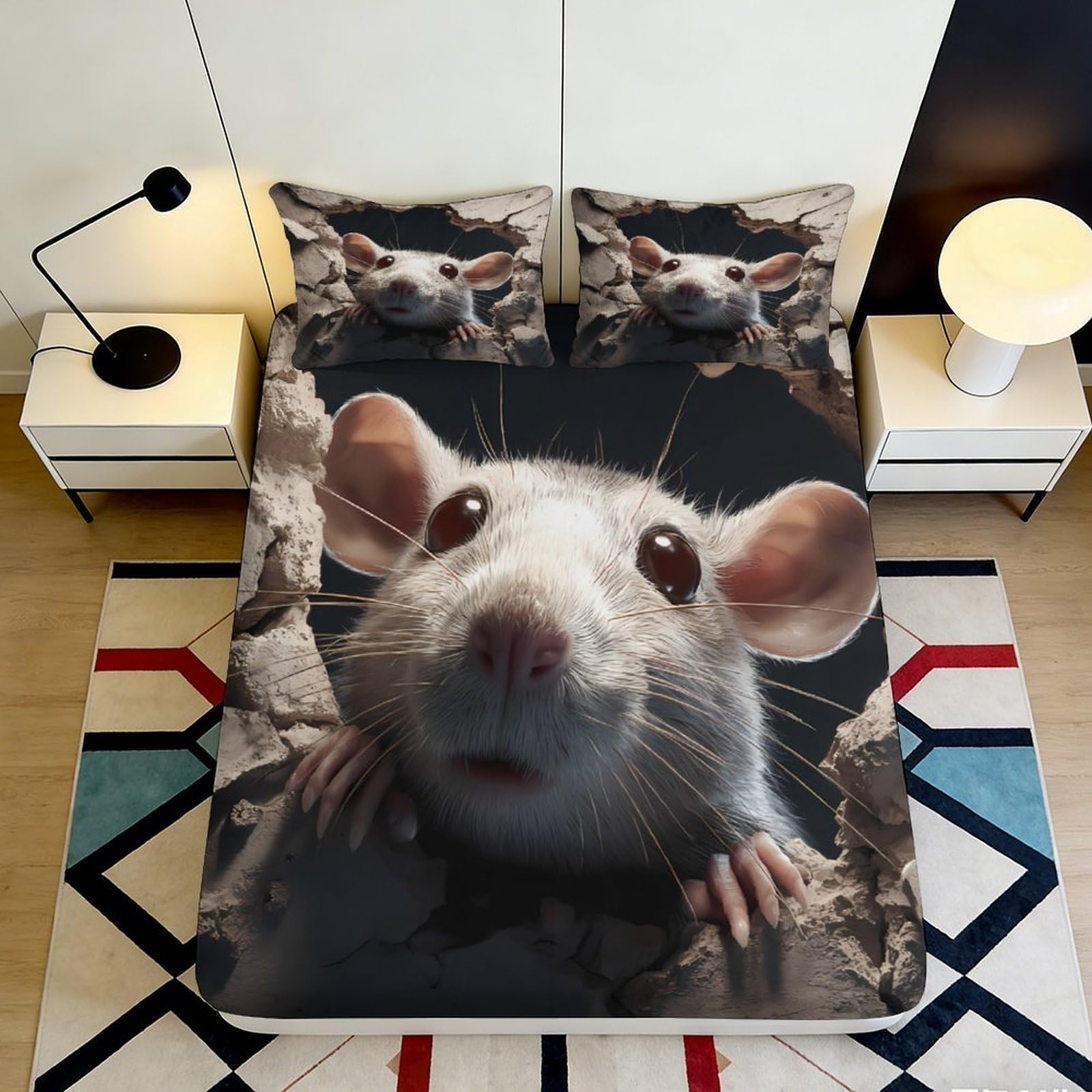 3D Printed Rat Illustration Fitted Sheet Microfiber Soft Breathable Mouse Pattern Mattress Cover for Bedroom Dorm 90x200x25cm