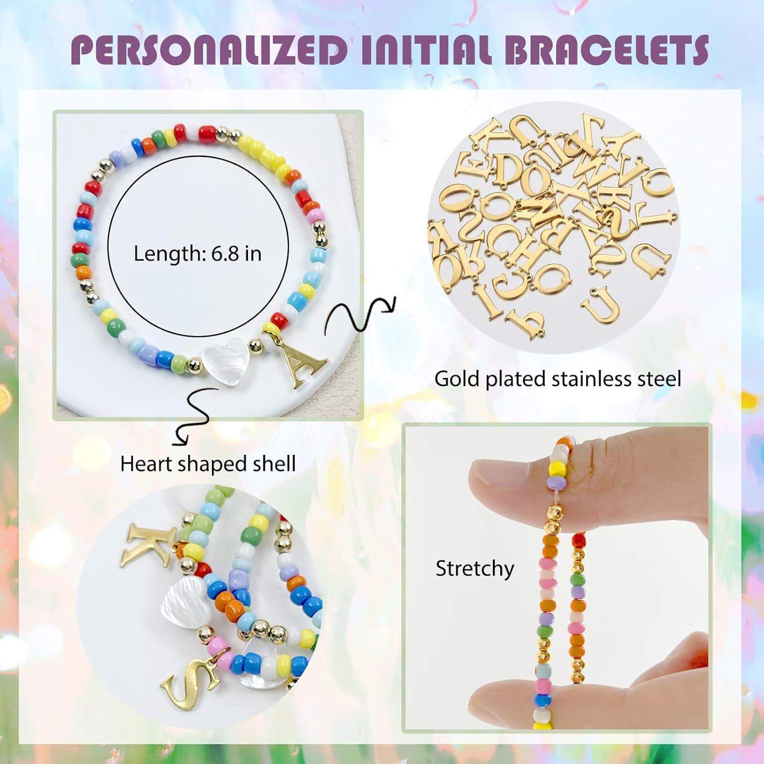 4PCS Colorful Initial Bracelets for Women Cute Beaded Heart Bohemian Initial A-Z Letter Bracelet Personalized Stackable Bracelets - Image 6