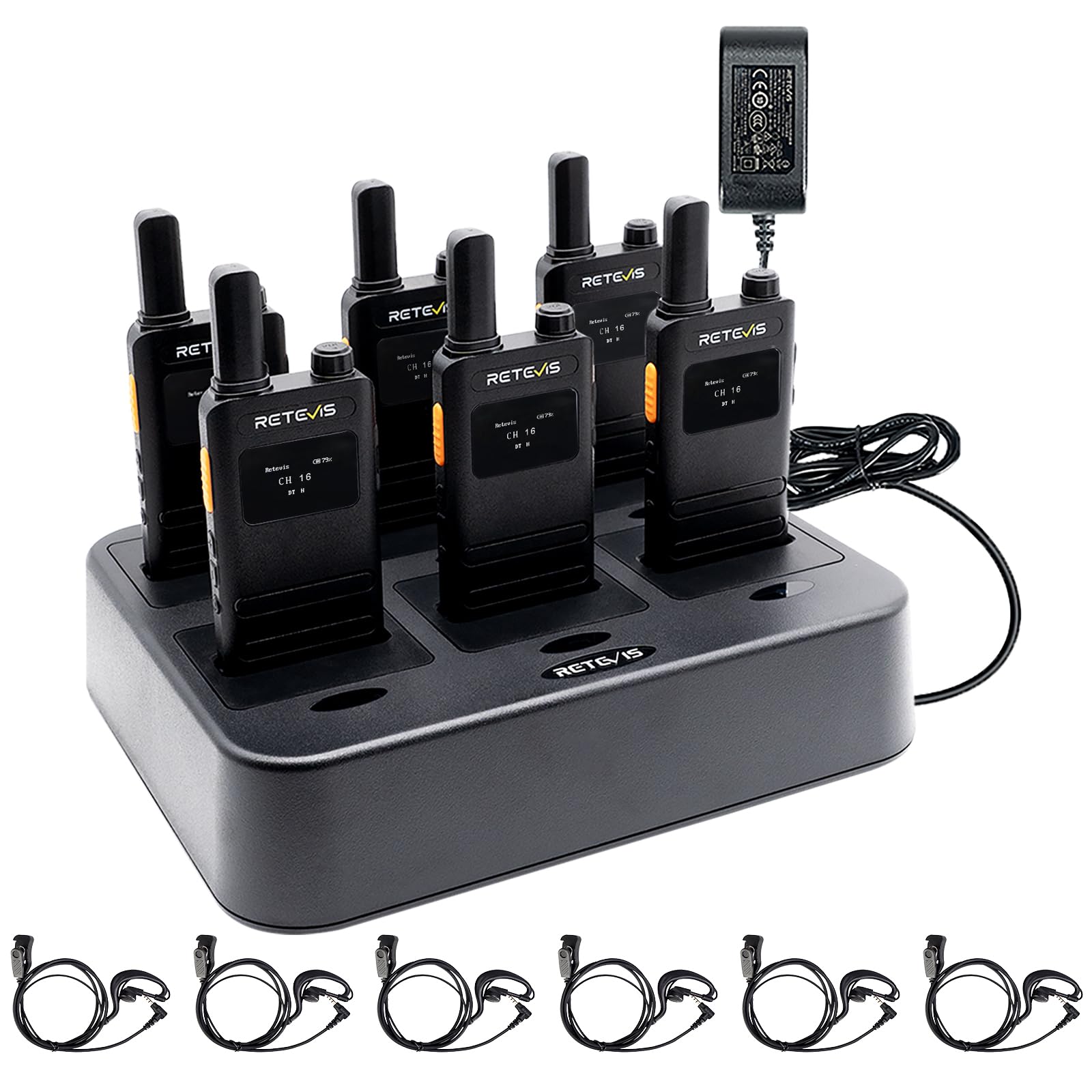 (3nd Gen RT22) Retevis B3S Walkie Talkie, Portable FRS Two-Way Radios,with Earpiece, Slim, LCD Screen,6 Way Multi Unit Charger,1620 mAh,Rechargeable 2 Way Radio for Restaurant Boutique Store (6 Pack)