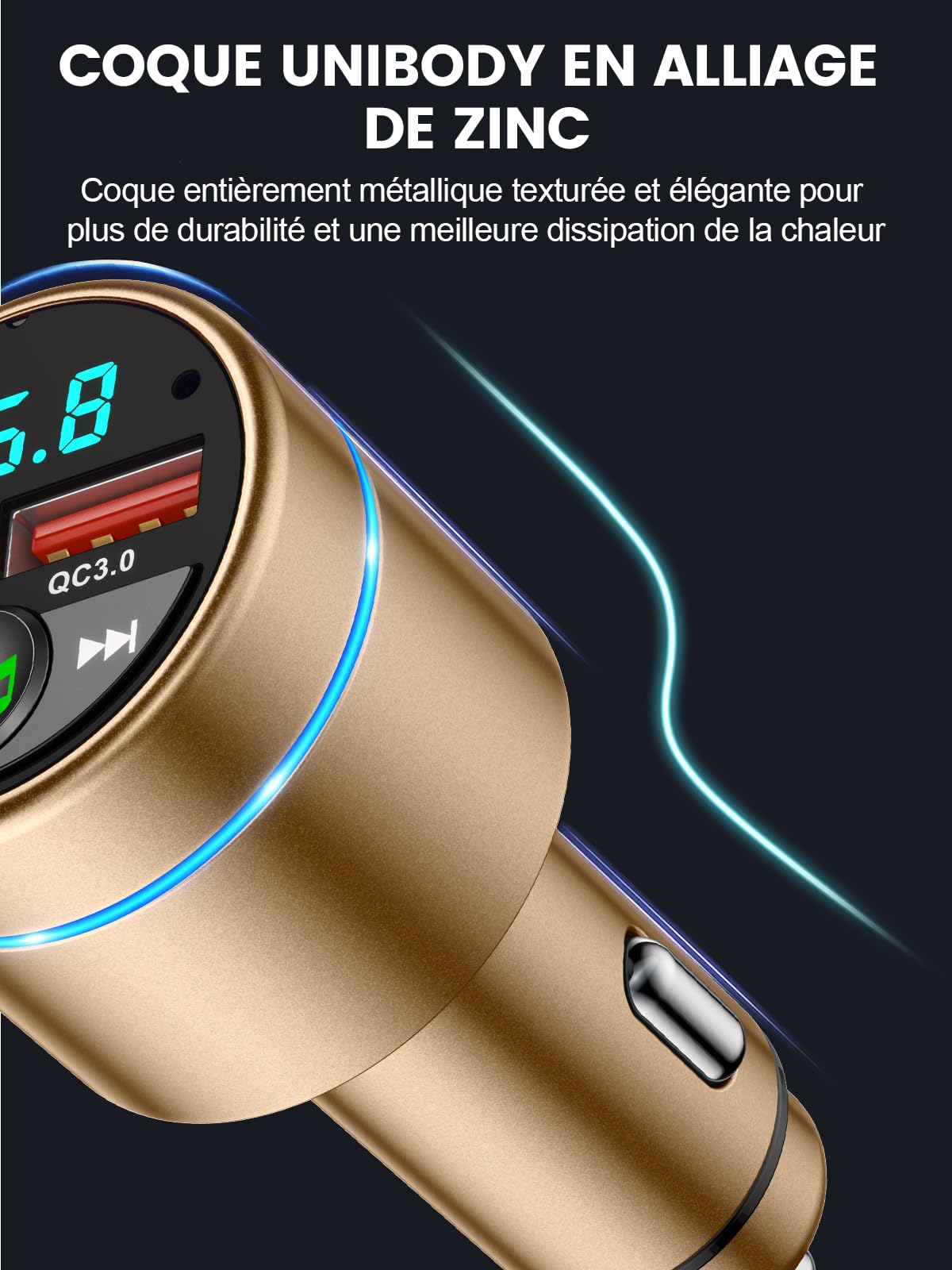 Mohard Transmetteur FM Bluetooth 5.3, Tout Métal Bluetooth Voiture, Chargeur Rapide de Voiture PD30W Type C+QC3.0, Adaptateur Bluetooth Autoradio, Suppression du Bruit, Appel Main Libre, Musique Hi-Fi