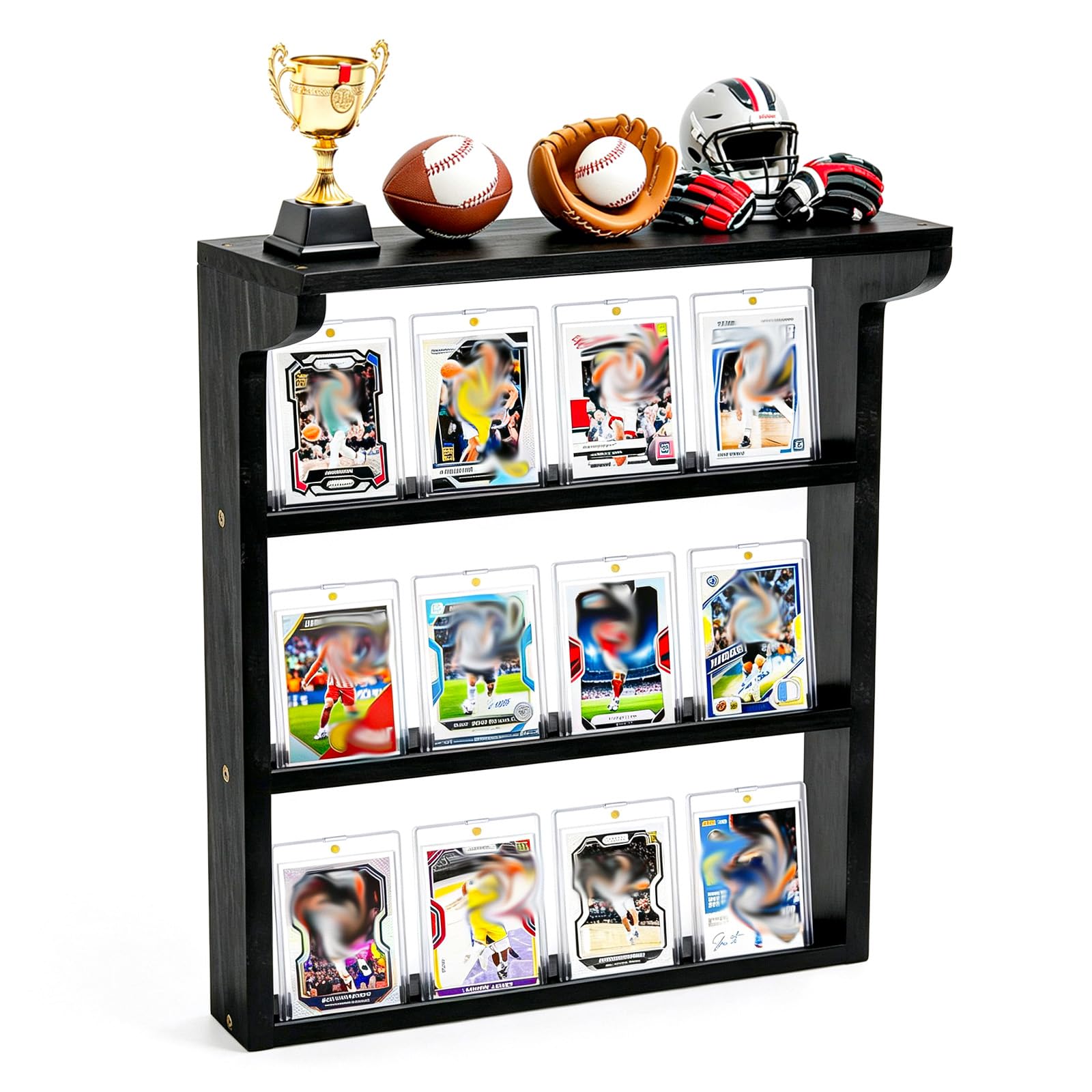 Trading Card Display Stand for Wall - 3-Tier Wooden Trading Card Storage Graded Card Slab Display with Top Shelf Trading Baseball Basketball Sport Card Stand Trading Card Display Case for Collection