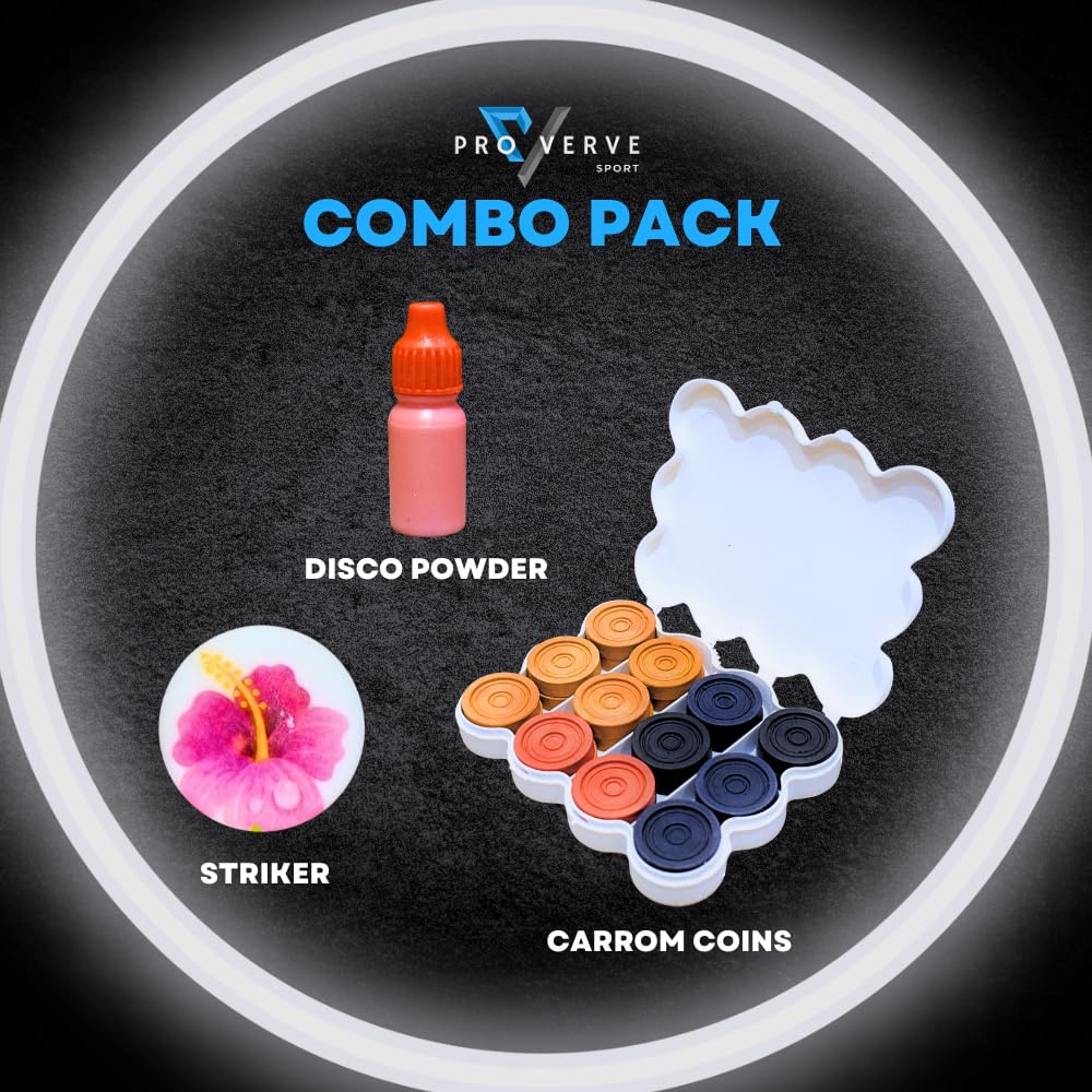Proverve Carrom Board Coins Combo Box with Striker | 8mm Plastic Carrom Coin for Kids & Adults in Wooden Look | Carrom Board Accessories, Floral Printed Striker with Disco Powder (Set of 24 Coins) 4