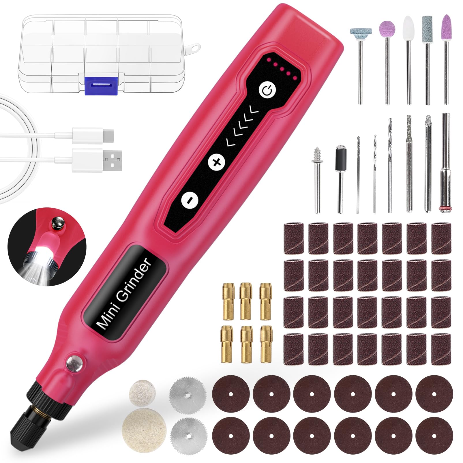 Cordless Mini Rotary Tool Set - 64Pcs Accessories 5 Speed 5000-18000rpm Multi-Purpose Mini Electric Grinder Kit 3.7V USB Rechargeable with Light for Engraving Grinding Polishing Cutting DIY Pink โ image 1