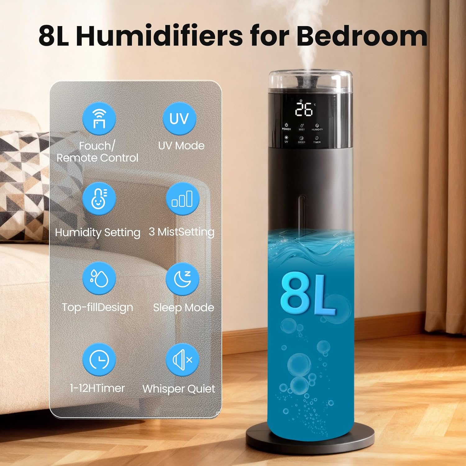Large Humidifier for Bedroom, 8L/2.1Gal Ultrasonic Cool Mist, Remote control,Easy Clean with 350ML/H Large Mist Speed, Suitable for Kids Room Plant Yoga Study Room Office (Black)