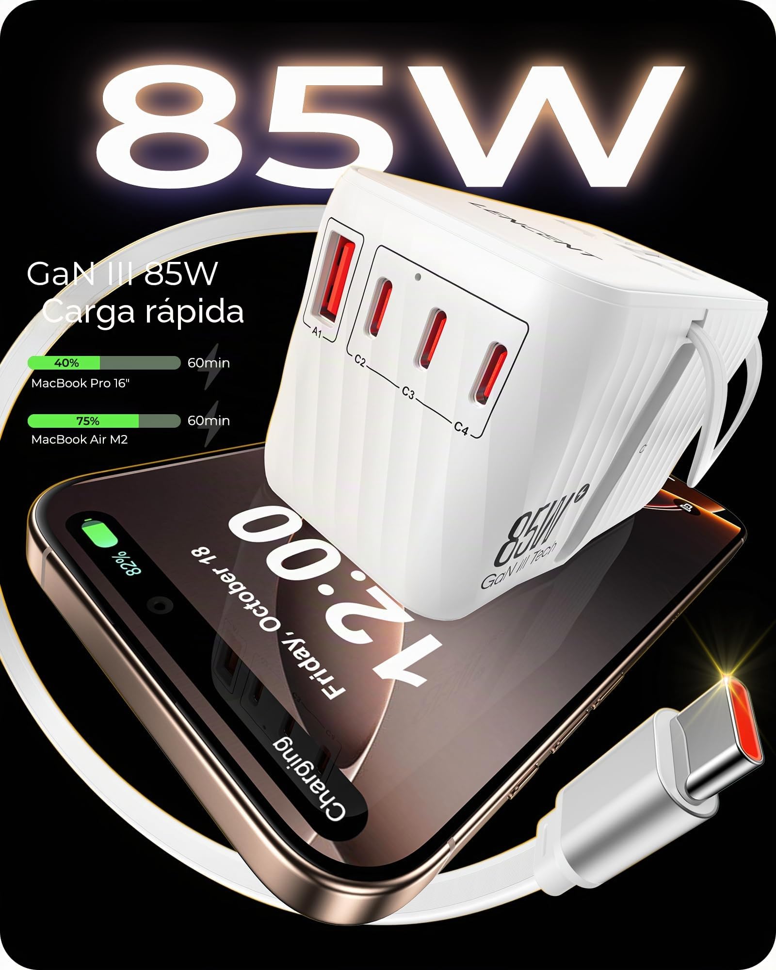 LENCENT Adaptador Universal 85W con Cable Retráctil USB C | Enchufe Internacional Tecnología GAN 3 Puertos Tipo-C y USB-A para Carga Rápida, Cargador Viaje para EU a UK, AUS, US, Blanco