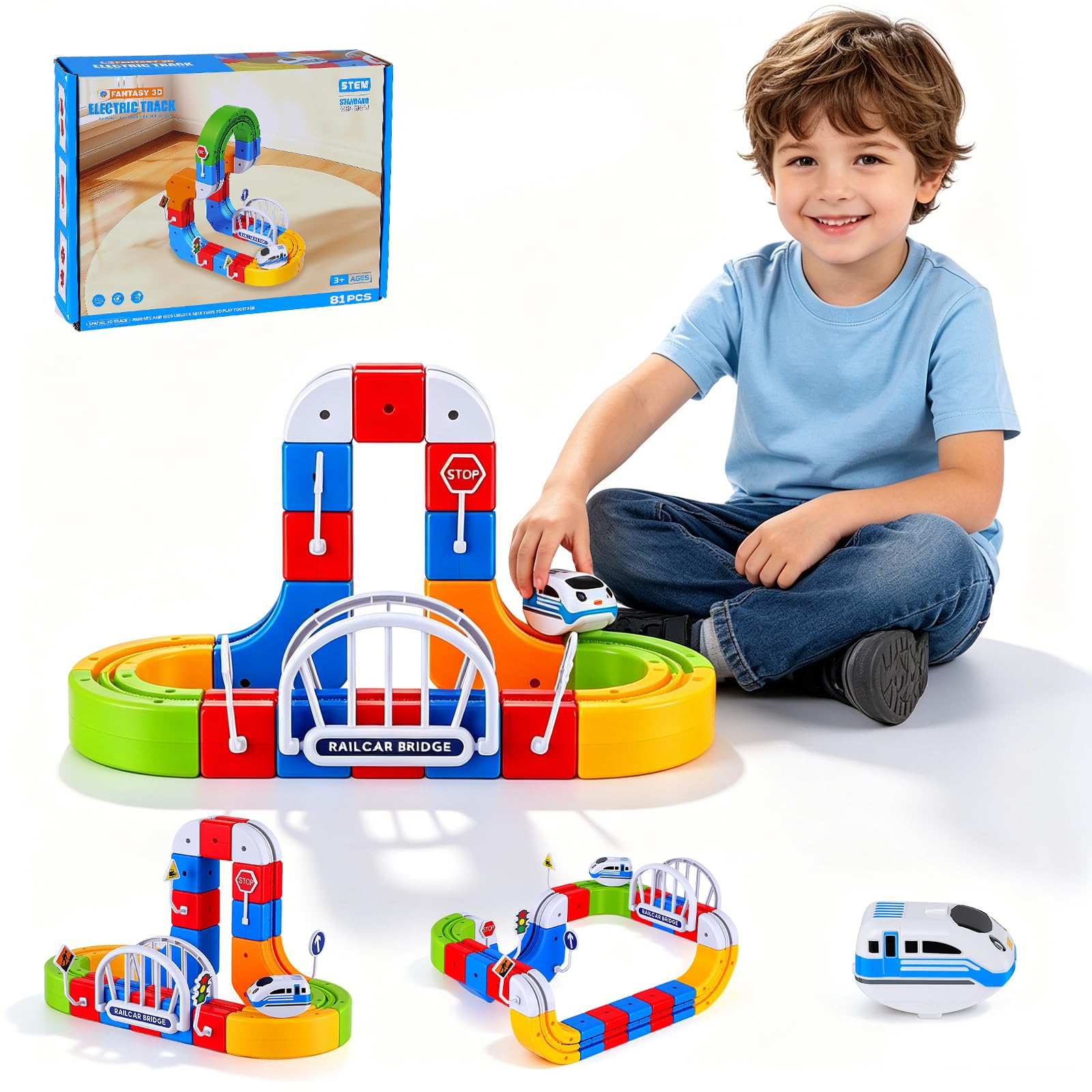 81PCS Clickrail Electric Train Set, 3D Racing Cube Embedded Layouts Train Track Set, Traffic Signs, Gravity-Defying Motorized Train, DIY Cube Flexible Race Track, Easter Birthday Gift for Boys Girls