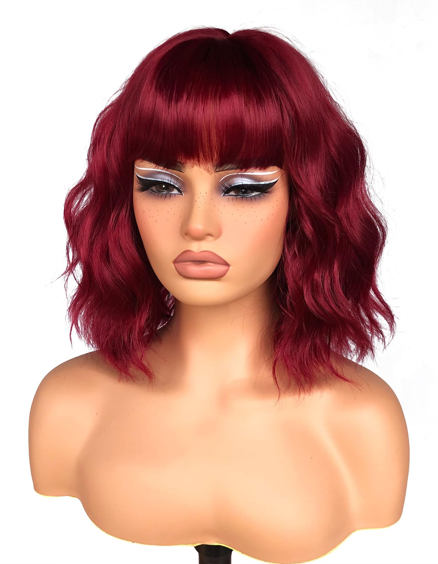 ISAMY Short Bob Wigs With Air Bangs Shoulder Length Women's Wig Bob Curly Wavy Synthetic Cosplay Wig for Girls Daily Use Colorful Wigs (Red) - Image 4