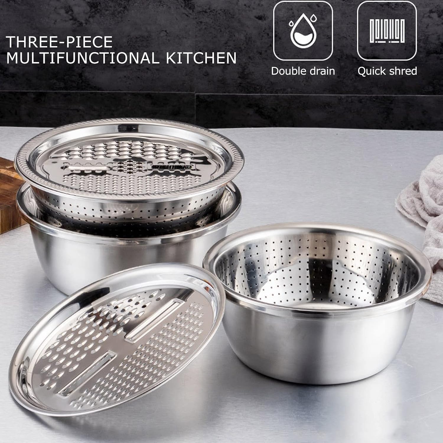 Tyenaza 2000ML Kitchen Grater Bowl, Bowl Multifunction Stainless Steel Drain Basin Set Rice Washing Strainer for Cutting Washing Vegetables Cooking Storage