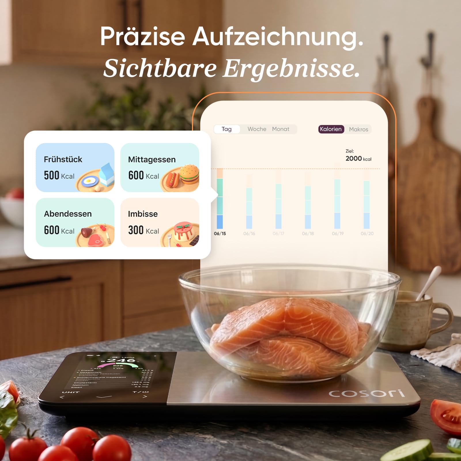 Cosori Küchenwaage digital Ernährungswaage-App,Offline-Modus,USB aufladbar