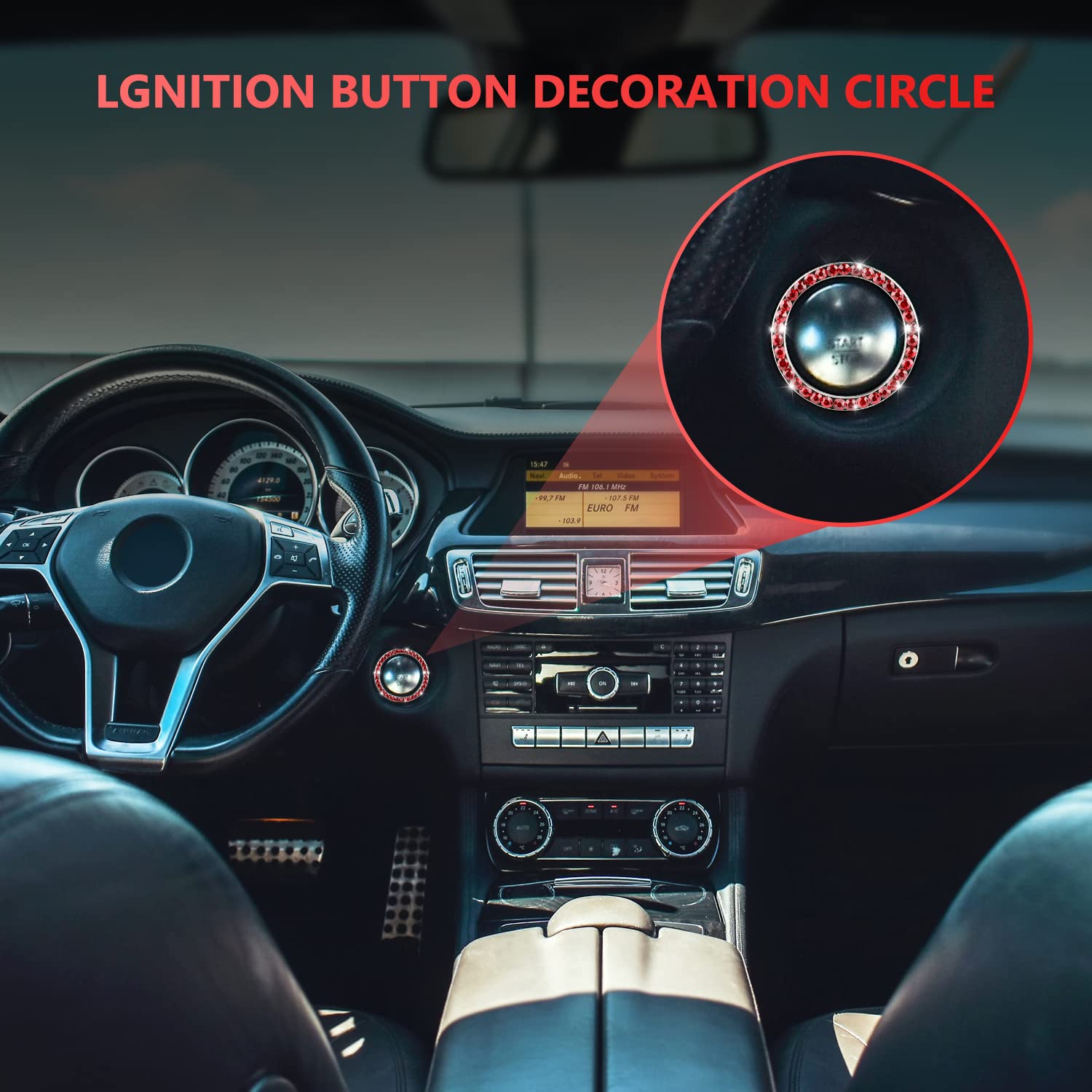 Ouzorp Car Cup Holder Coaster with Push Start Button Bling 4Pcs Bling Crystal Rhinestone Car Interior Accessories red — view 5