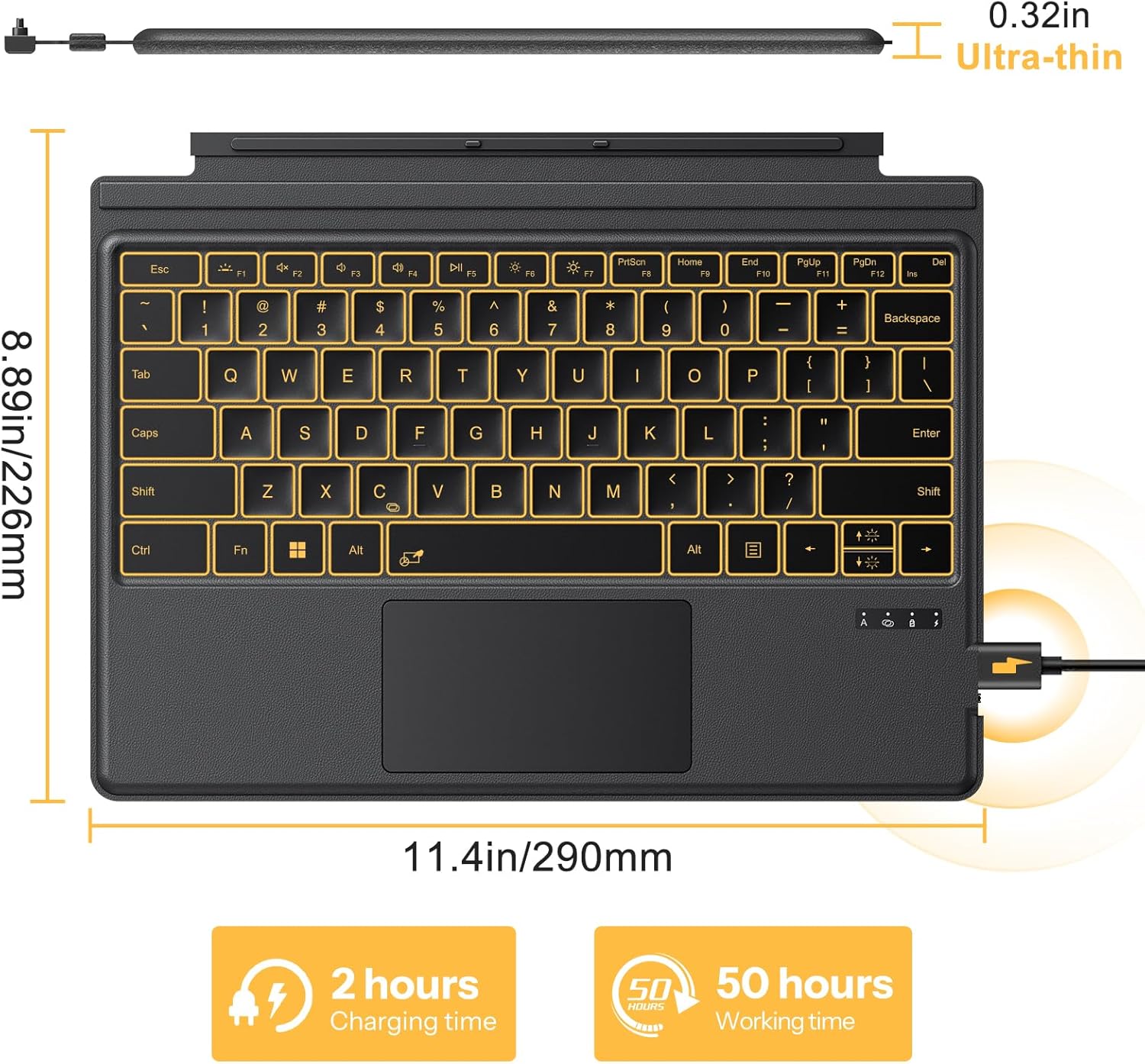 Image showing the ultra-thin profile of the keyboard and its dimensions, along with charging and working time.