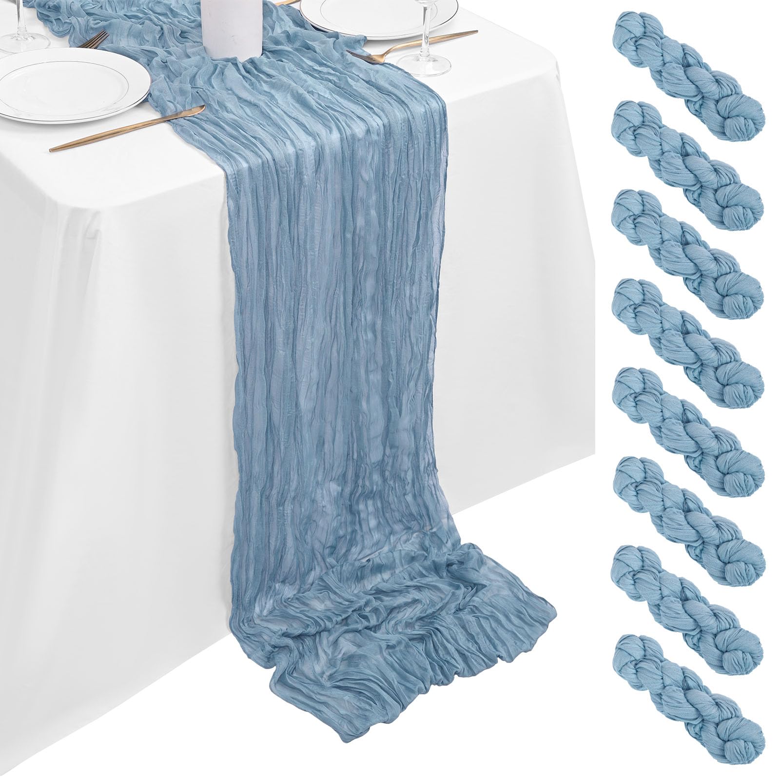 8 Pack Dusty Blue Cheesecloth Table Runner 10FT, Dusty Blue Cheese Cloth Table Runner Rustic Gauze Fabric Sheer Boho Wedding Table Decoration for Wedding Reception Bridal Shower Baby Shower(90x300cm)
