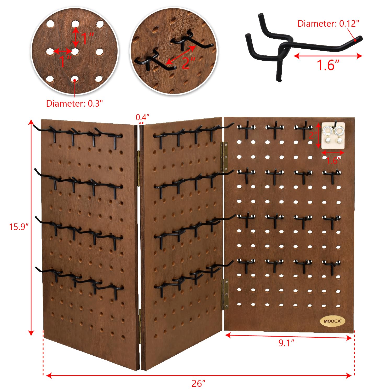 MOOCA Wall-Mountable Wooden Foldable 3-Panel Pegboard Jewelry Display Organizer with 48 Removable Black Hooks, Vertical or Horizontal Display, Ideal for Travel, Brown Color