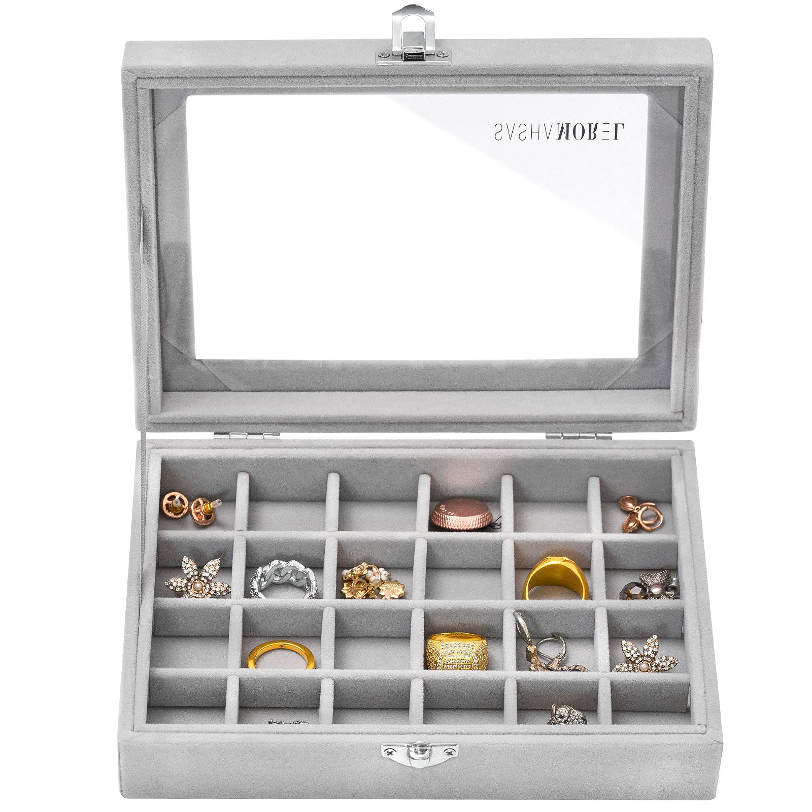 Sasha Morel Jewellery Box Organiser - 24 Slot Earrings Rings Storage Display - Grey - Velvet & Wood