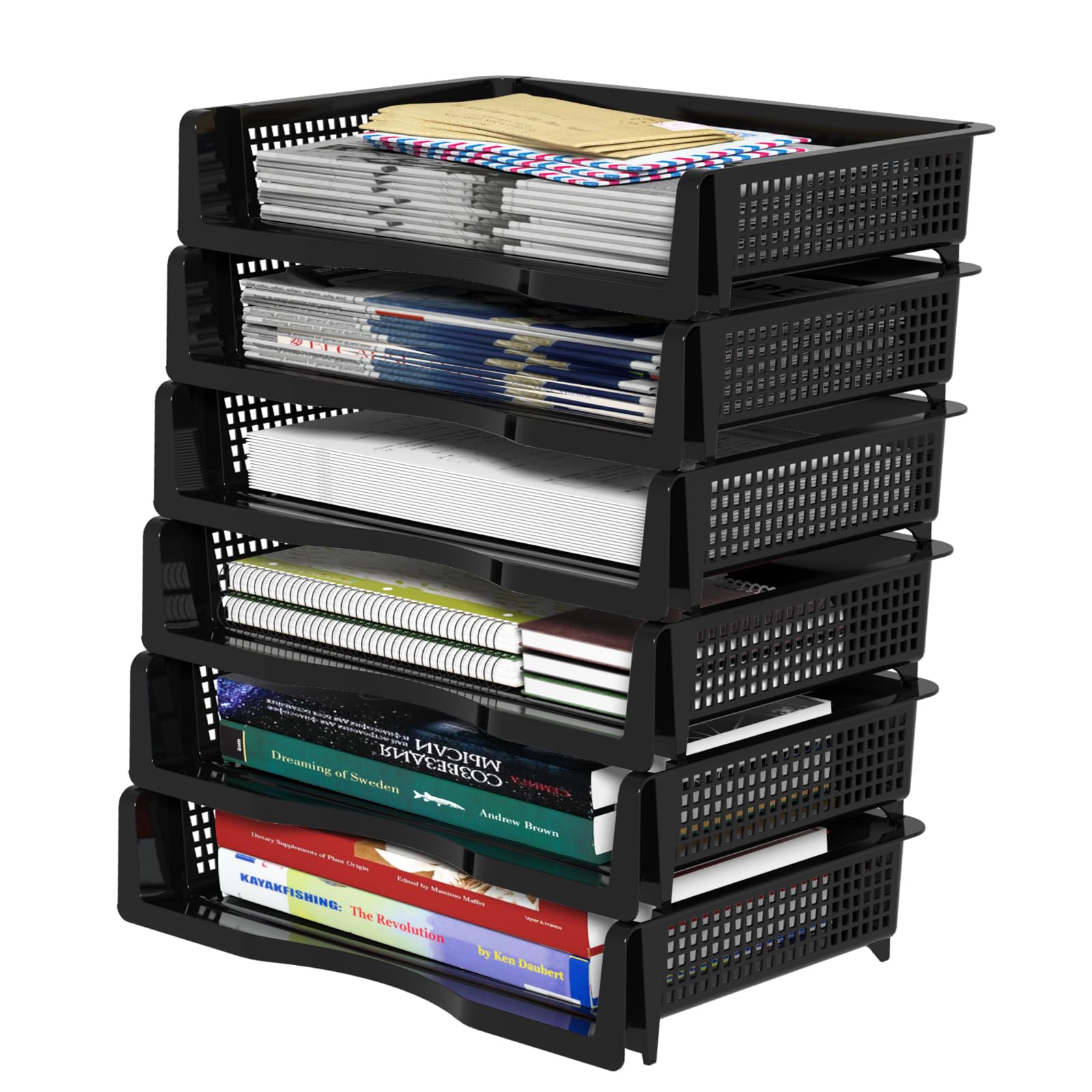 Vcansay 6 Tier Plastic A4 Size Document Trays, Office Stackable Letter Paper File Trays, Black