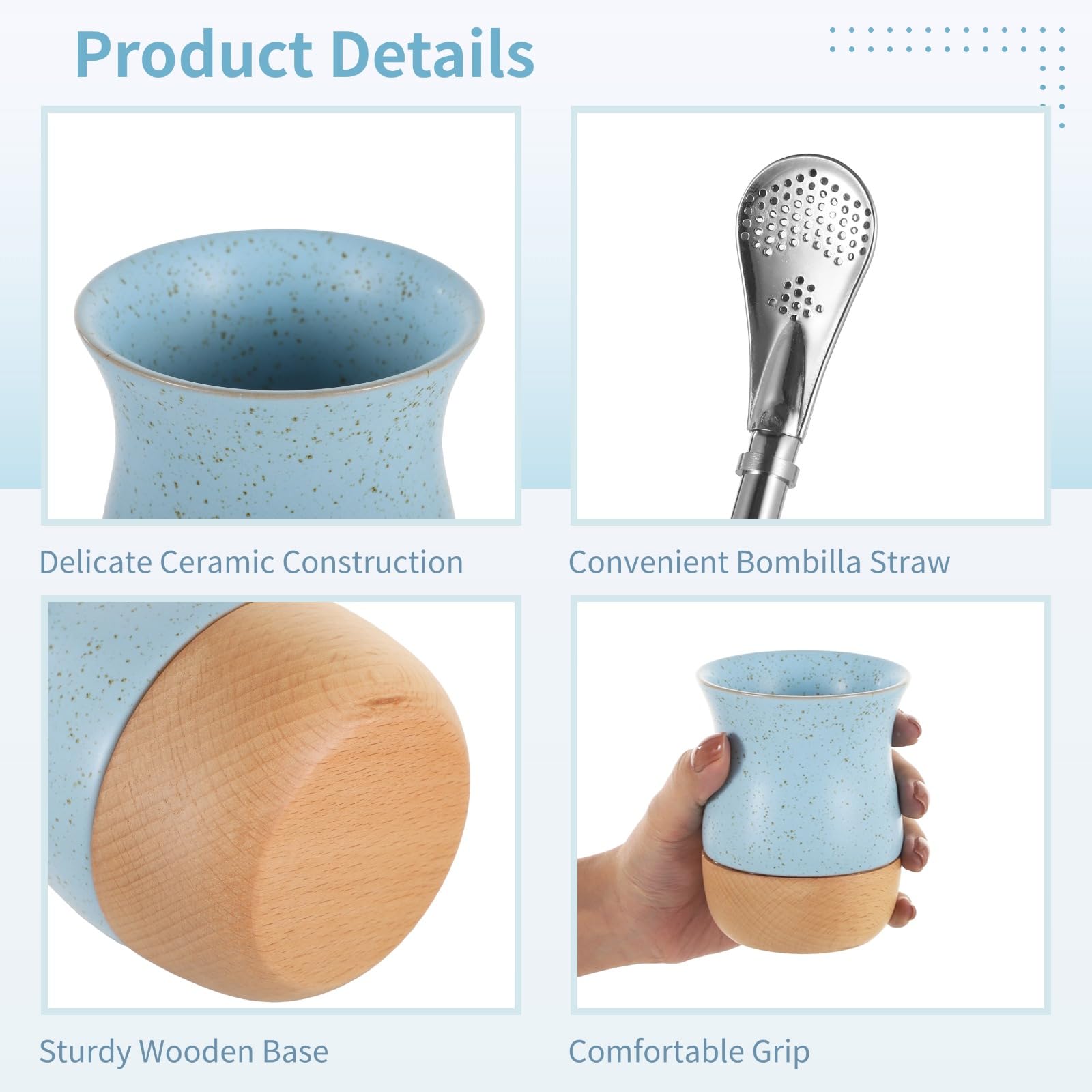 Generisch Yerba Mate Becher Set, Keramik Mate-Tee-Kalebasse mit Holzsockel und Edelstahl-Bombilla, 260 ml Fassungsvermögen, elegantes Design in edlem Blau für Küche und Zuhause