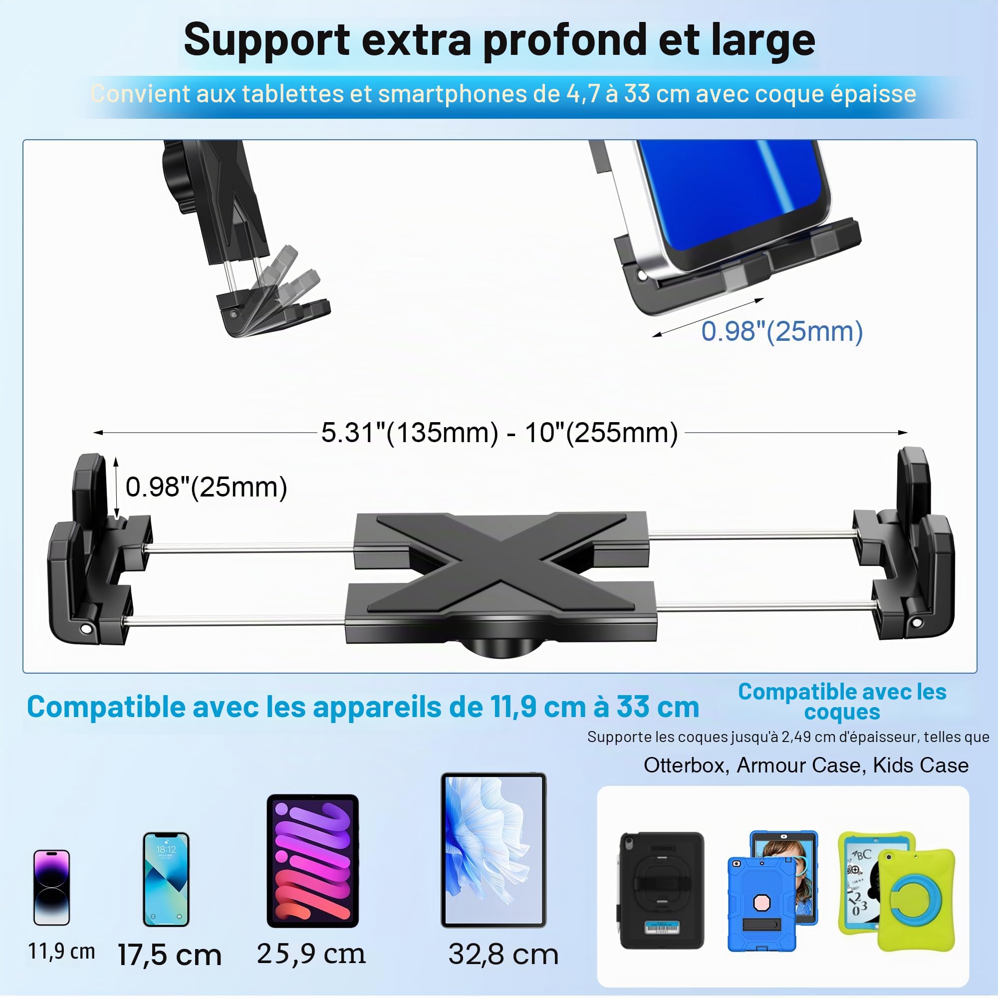 Support de Voiture pour Tablette, iPad, Support de Voiture avec Bras réglable de 38,1 cm pour Tablette iPhone 4,7-13", iPad Pro Air Mini, Fire, iPhone 16 15, Galaxy S25 S24 Z Fold 6 5