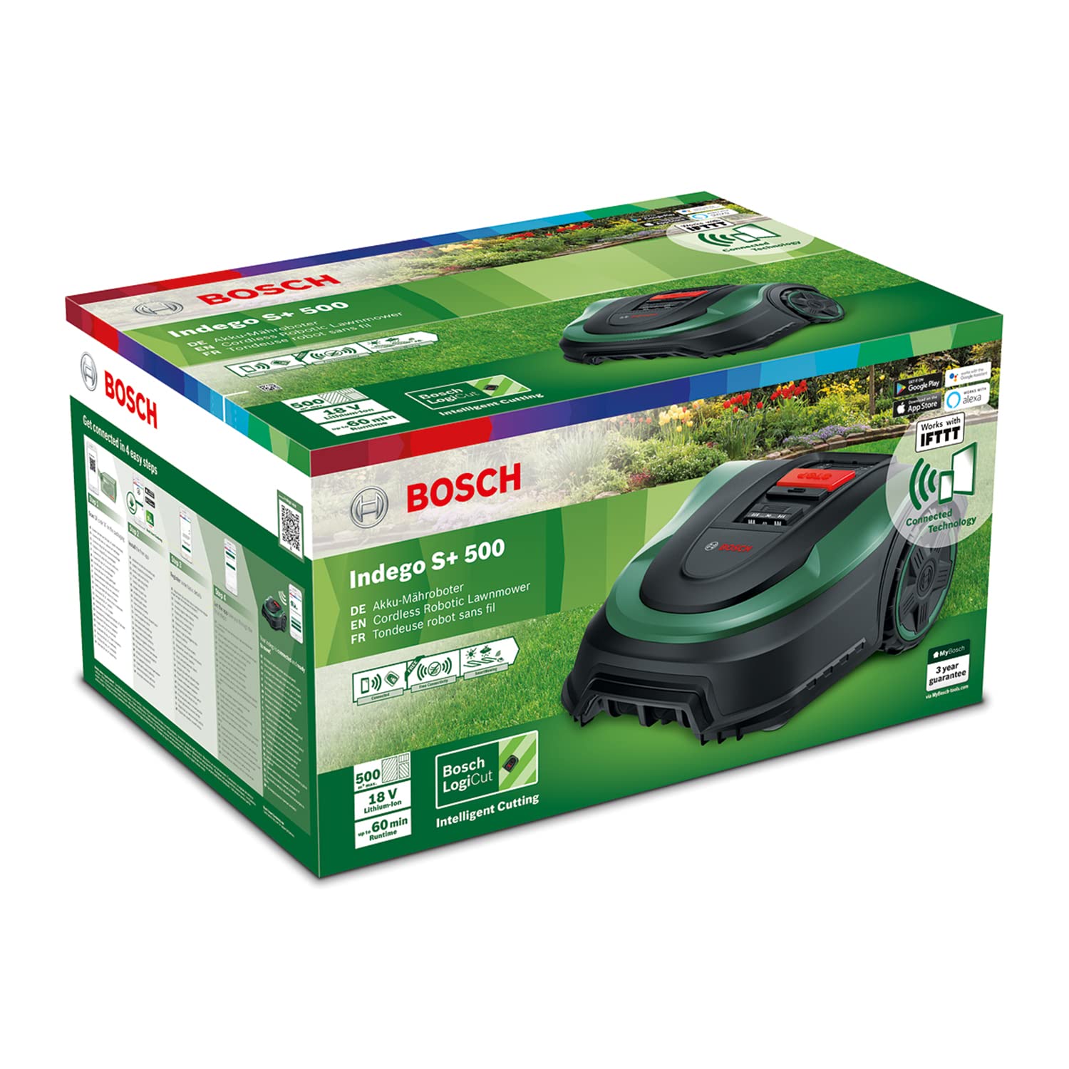 Bosch Rasenmäher Roboter Indego S+ 500 (mit 18V Akku und App-Funktion, Ladestation enthalten, Schnittbreite 19 cm, für Rasenflächen bis 500 m², im Karton)