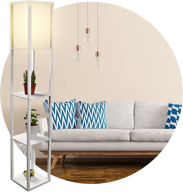 YOURLITEAMZ Floor Lamp with Shelves, 3-Tier Wooden Shelf Standing Light Without Bulb, Tall Lamps for Living Room Bedroom Reading Storage Display for Home Decoration (White,26 X 26 X160cm)